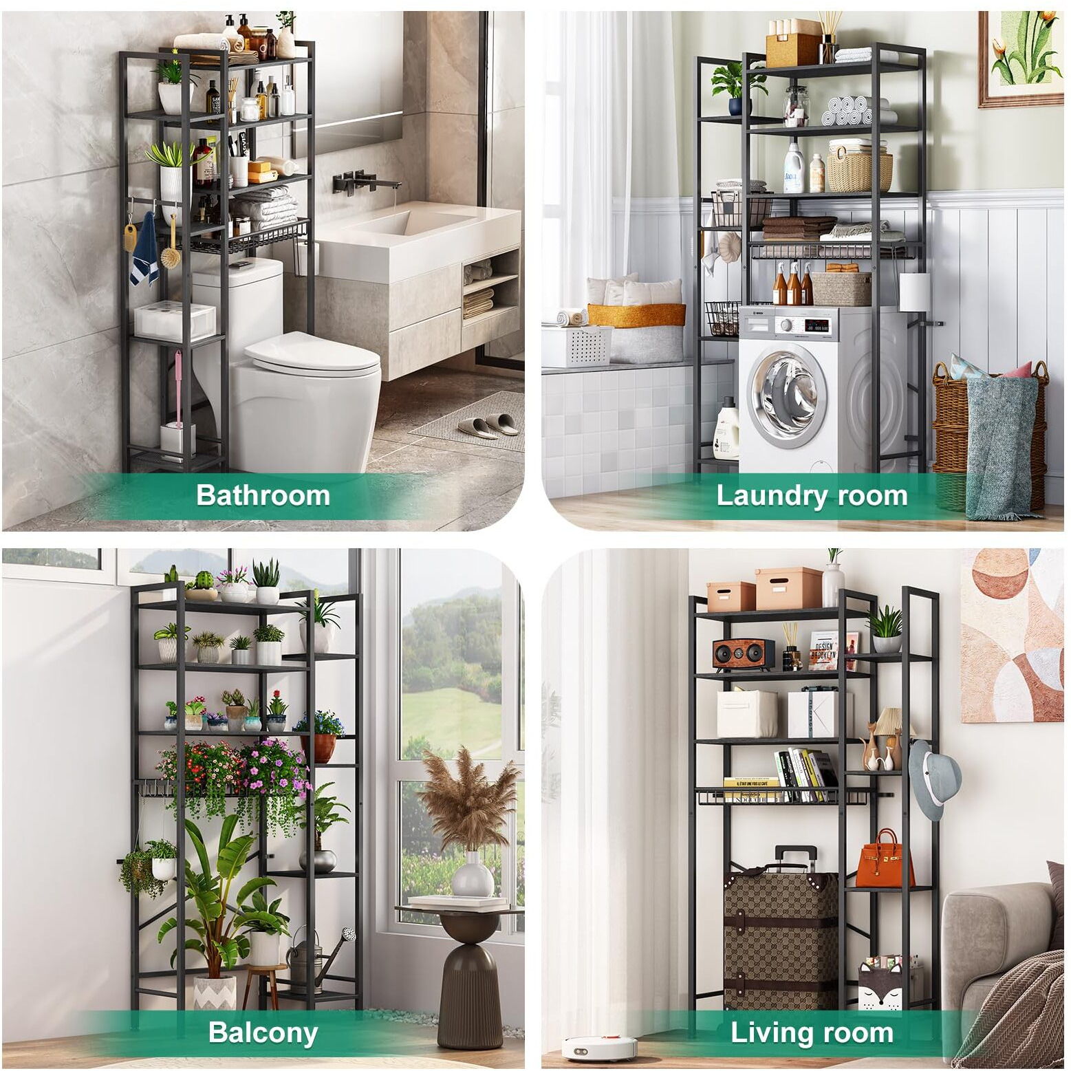 Kalrin Over The Toilet Storage Rack With Extra Side Shelves, 4-Tier Bathroom Over Toilet Storage With Adjustable Shelf & Drain Basket, Freestanding Bathroom Organizer For Balcony, Laundry(Pure Black)