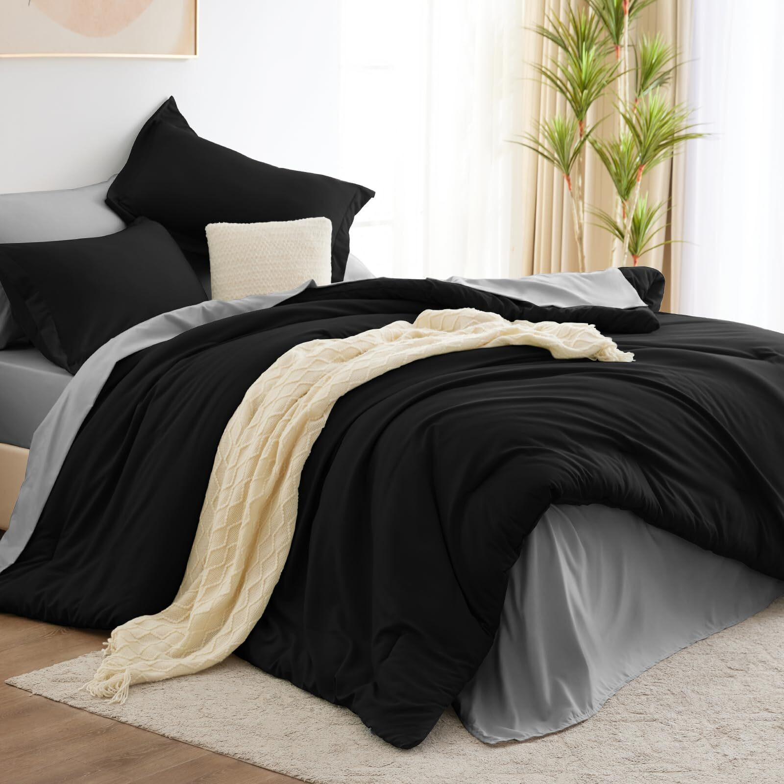 Cozylux Black Queen Comforter Set Black 7 Pieces Bed In A Bag Queen Bedding Set Bed Set With Comforter, Flat Sheets, Fitted Sheet, Pillowcases & Shams, Boho Contrasting Design Black And Grey