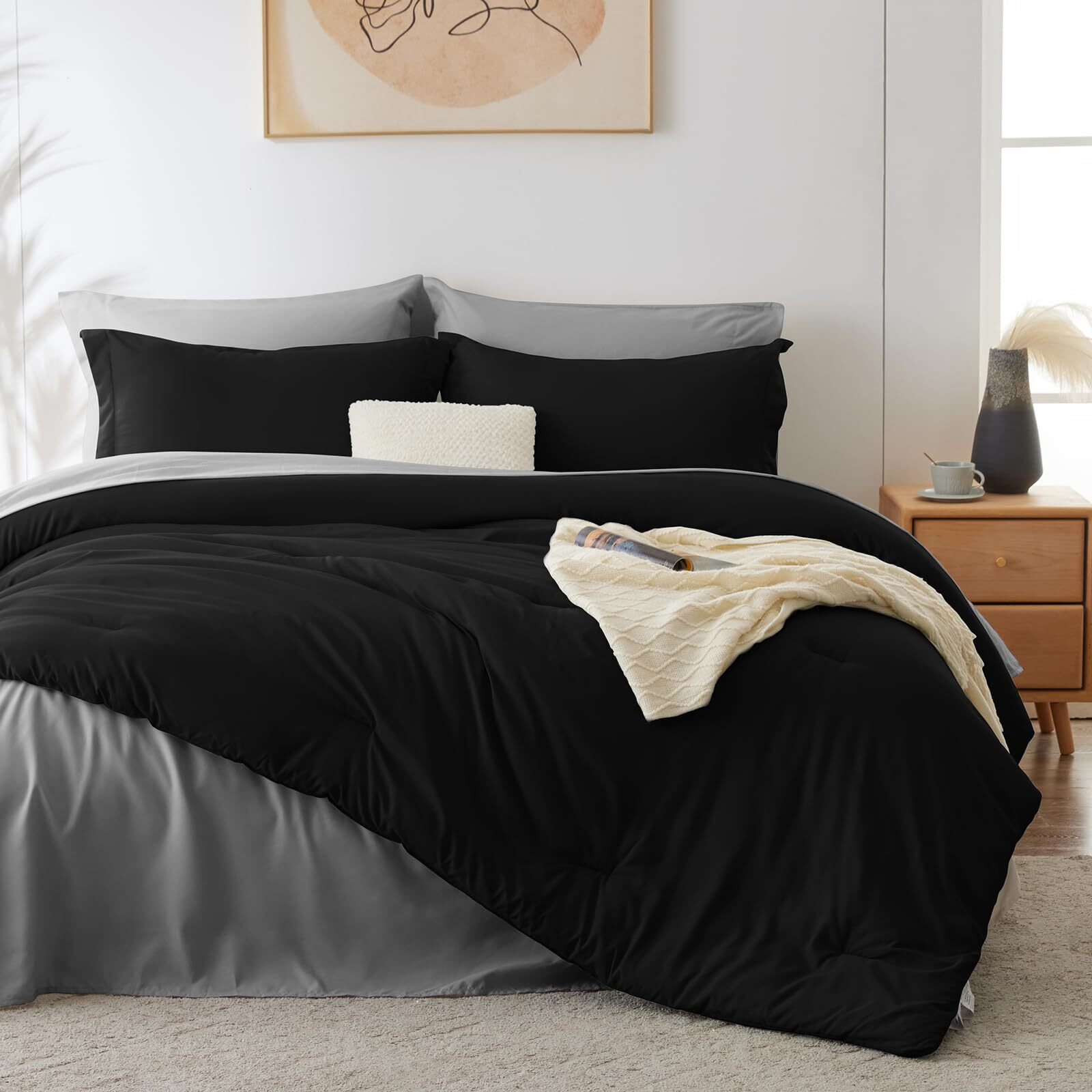 Cozylux Black Queen Comforter Set Black 7 Pieces Bed In A Bag Queen Bedding Set Bed Set With Comforter, Flat Sheets, Fitted Sheet, Pillowcases & Shams, Boho Contrasting Design Black And Grey