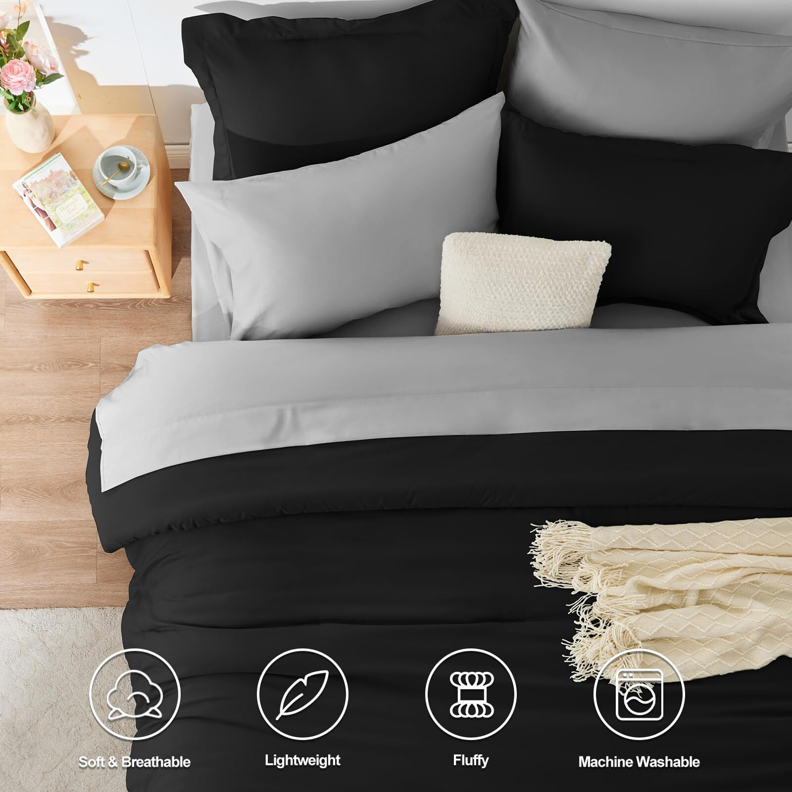 Cozylux Black Queen Comforter Set Black 7 Pieces Bed In A Bag Queen Bedding Set Bed Set With Comforter, Flat Sheets, Fitted Sheet, Pillowcases & Shams, Boho Contrasting Design Black And Grey