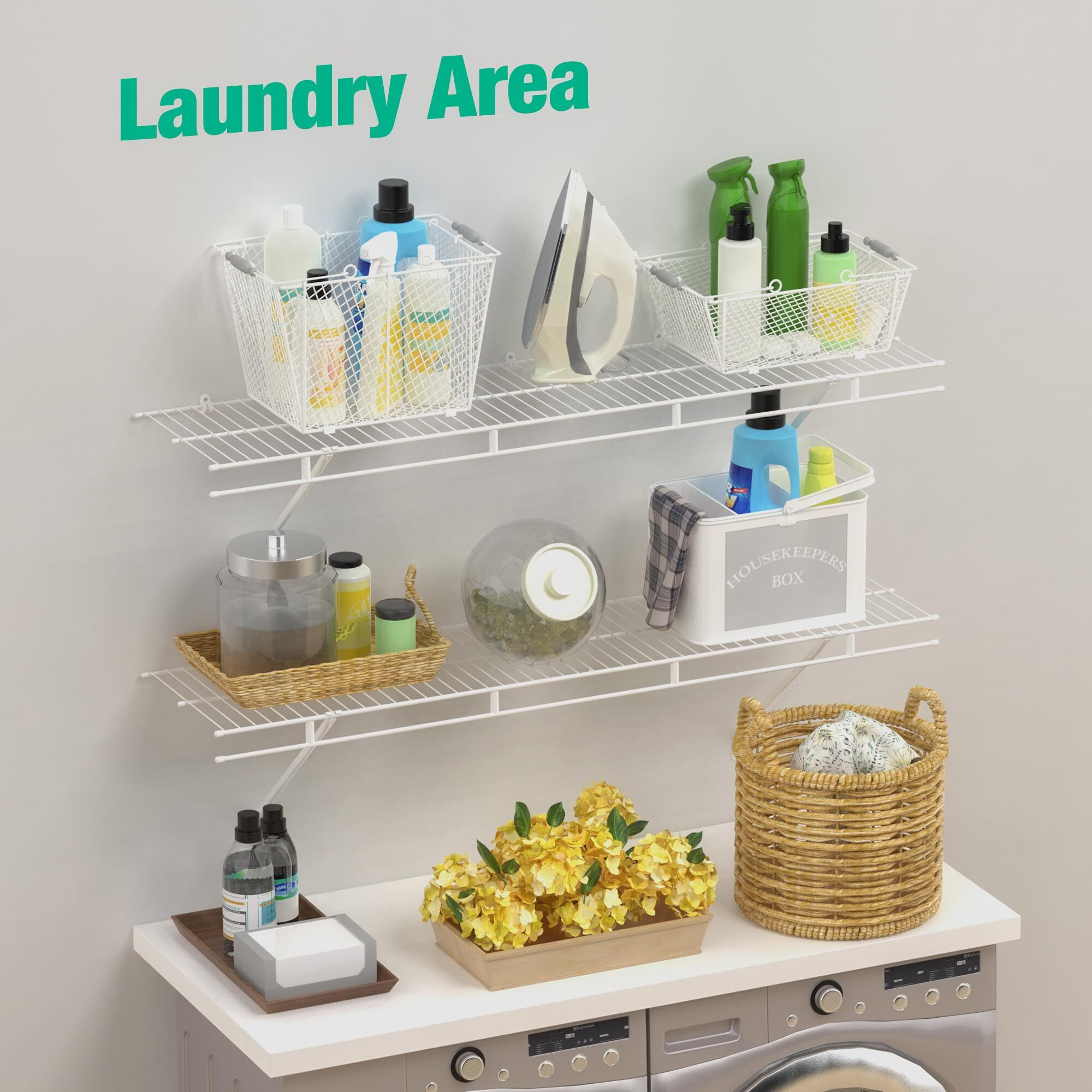 Haushof Closet Shelves Wall Mounted 2-Pack, 4 Ft X 12In White Wire Shelving For Laundry Room, Closet, Basement Organization And Storage