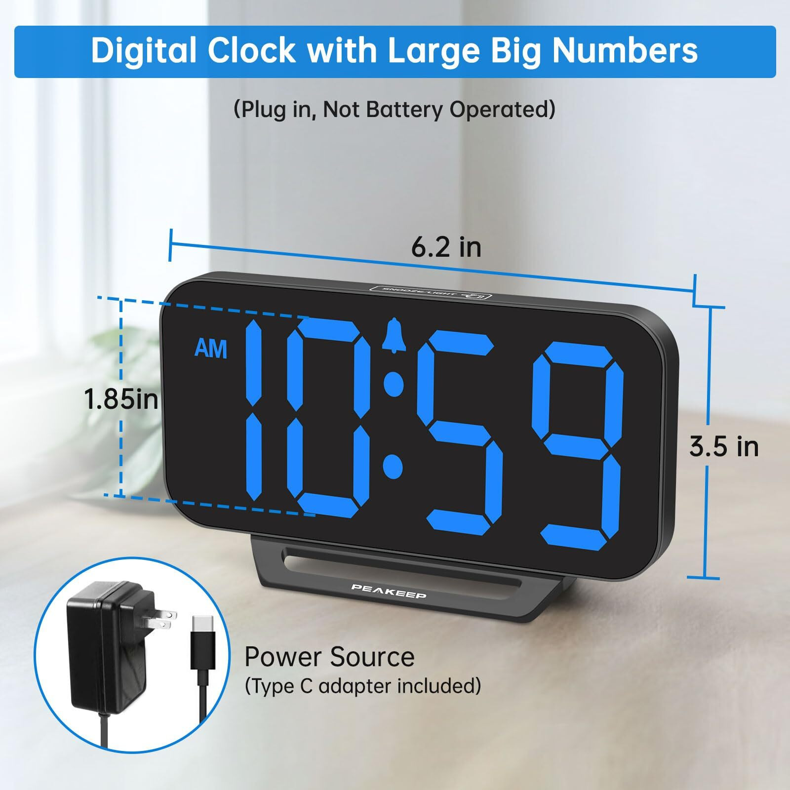 Peakeep Small Digital Alarm Clock For Bedrooms, Loud For Heavy Sleepers Adults, Dimmable Plug In Electric Large Numbers Clock Battery Backup, Slim Clock For Table Office Modern Living Room (Bb)