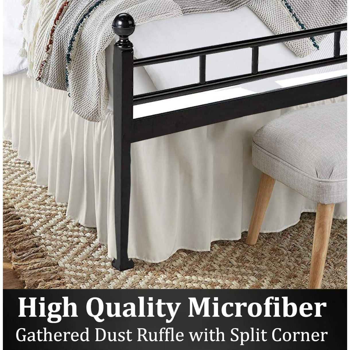 Peace Sleep Bedding - Ruffled Bed Skirt With Split Corners, Ivory, Queen 16 Inch Drop Bedskirt, Hotel Quality Brushed Microfiber Wrinkle Free Dust Ruffle Bed Skirt Queen Size