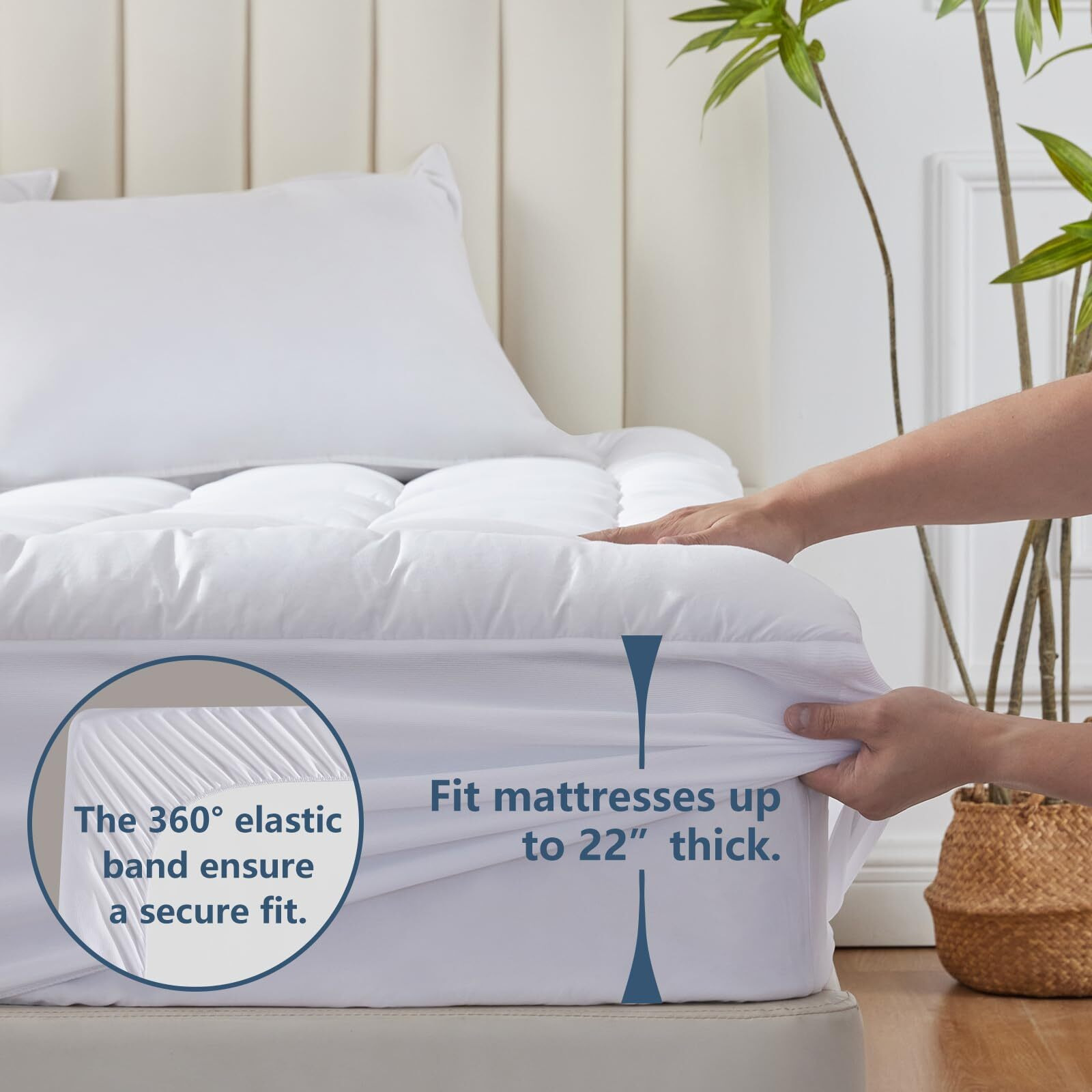 Cozylux Queen Size Mattress Pad Pillow Top Cotton Mattress Topper 8-21"" Deep Pocket Mattress Cover Quilted Fitted Cooling 450Gsm Mattress Protector (60X80 Inch,White)