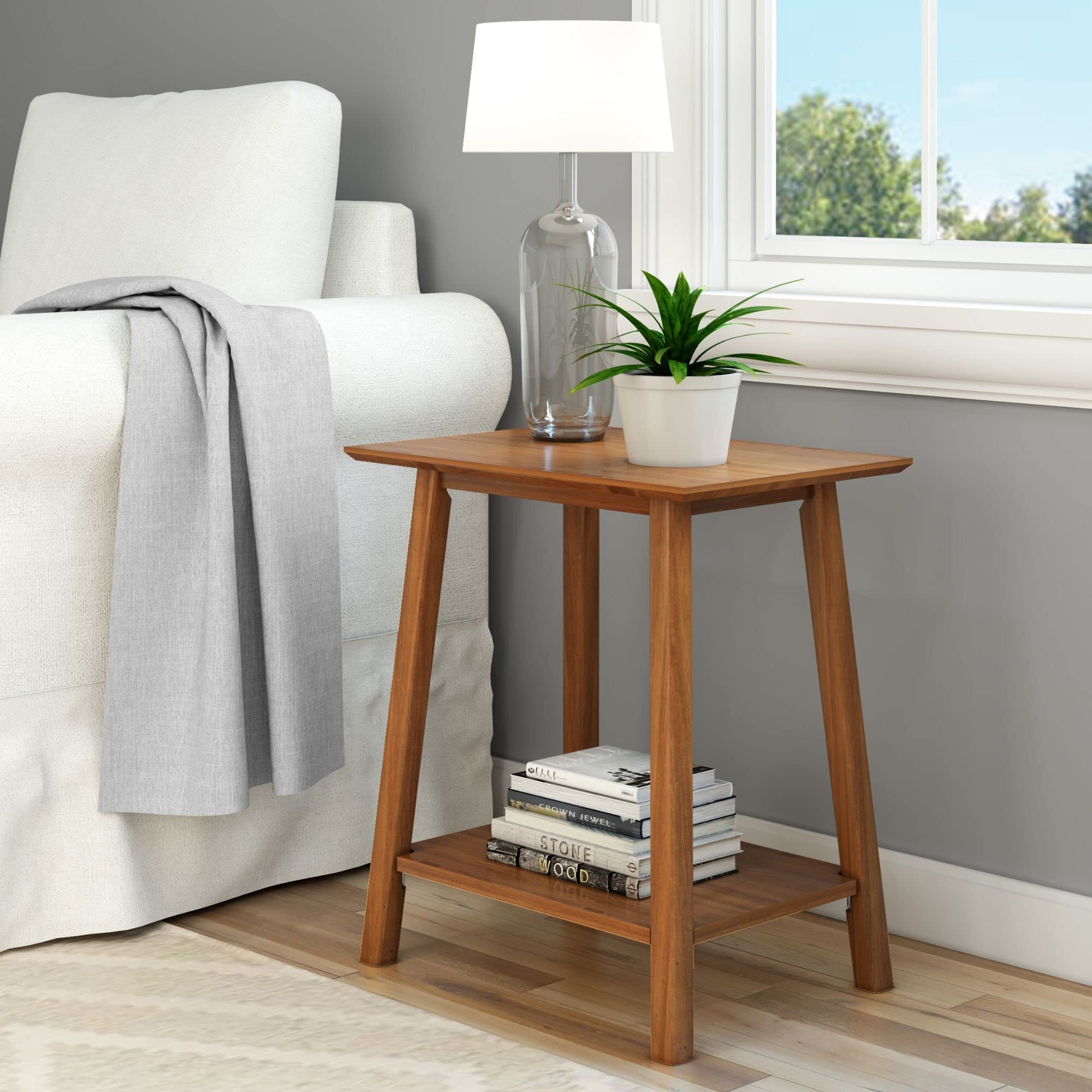 Plank+Beam Wooden Side Table With Storage, Mid Century Modern End Tables For Living Room, Small Solid Wood Nightstand, Bedside Tables, Bedroom Furniture, Pecan