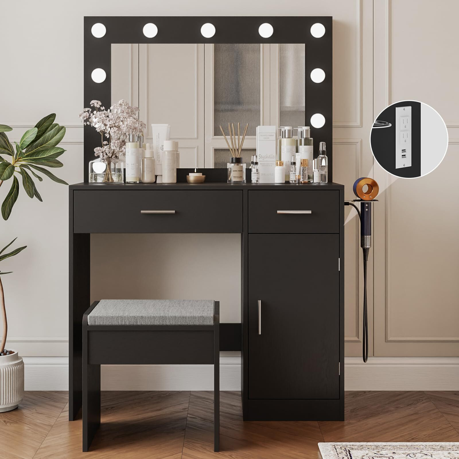 Viaozutis Vanity, Vanity Desk With Mirror, Large Drawer And Power Socket With 11 Light Bulbs And 3 Adjustable Lighting Modes, Vanity Table Ideal For Bedroom (Black)