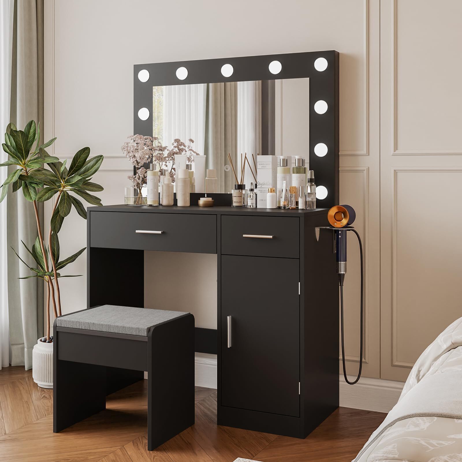 Viaozutis Vanity, Vanity Desk With Mirror, Large Drawer And Power Socket With 11 Light Bulbs And 3 Adjustable Lighting Modes, Vanity Table Ideal For Bedroom (Black)
