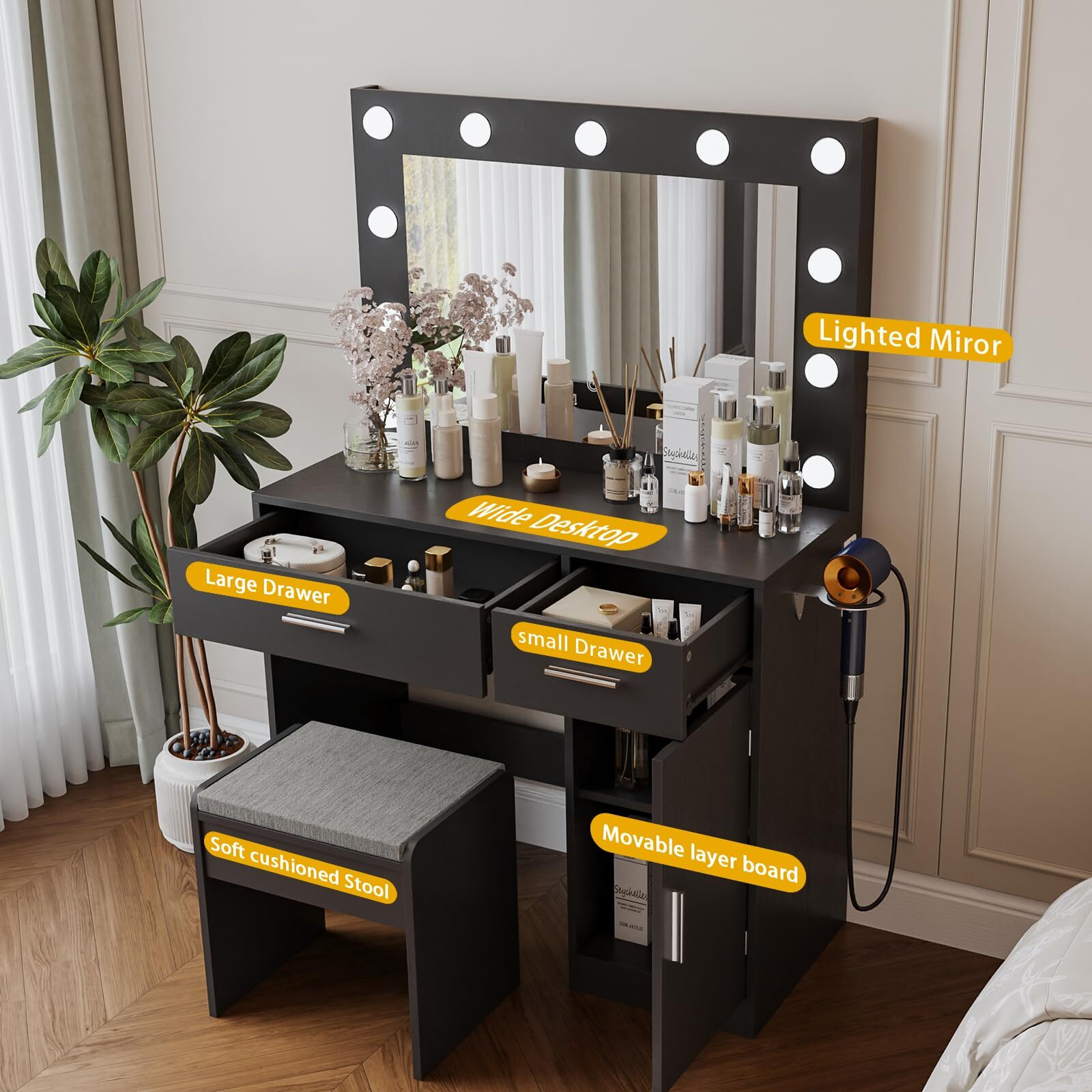 Viaozutis Vanity, Vanity Desk With Mirror, Large Drawer And Power Socket With 11 Light Bulbs And 3 Adjustable Lighting Modes, Vanity Table Ideal For Bedroom (Black)