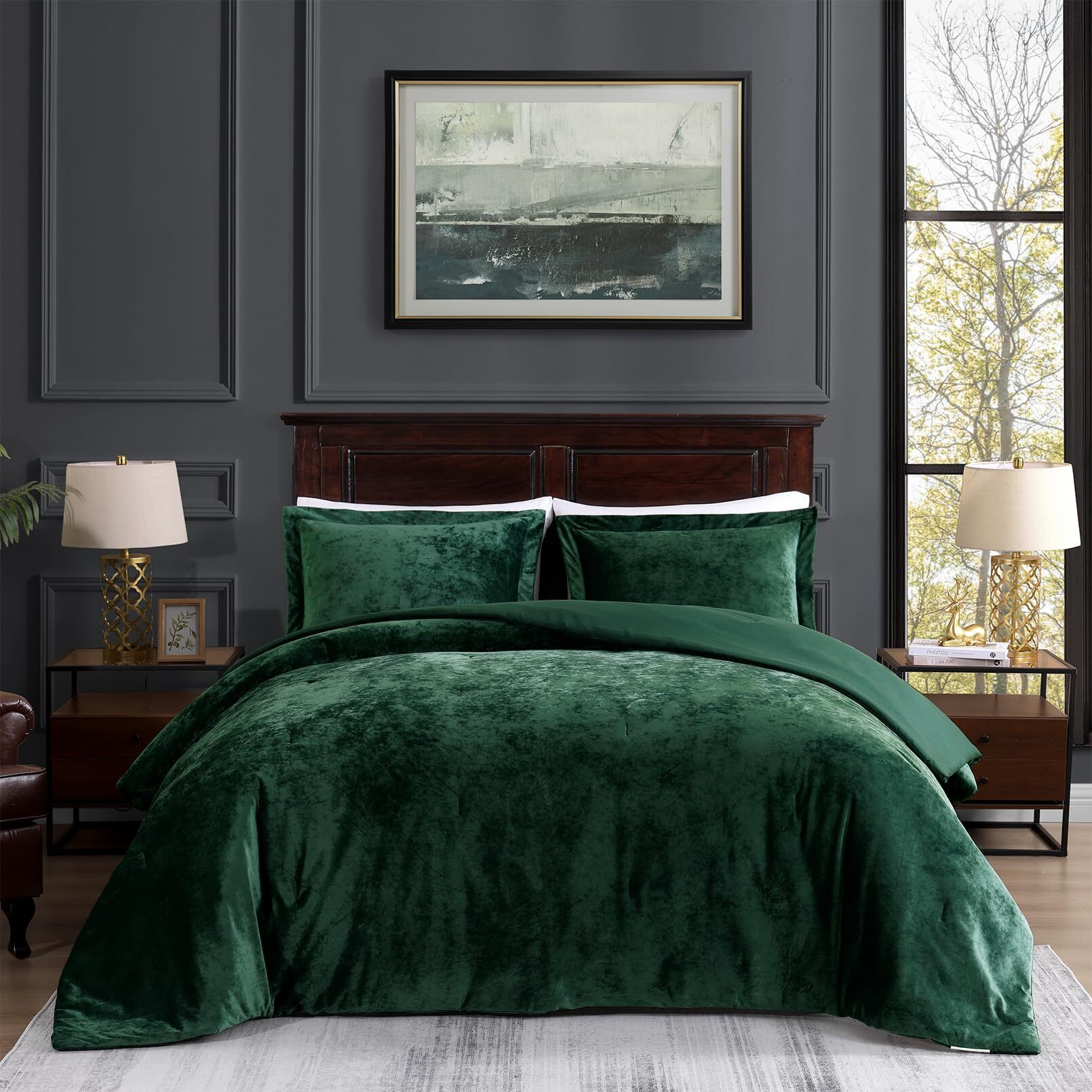 Tamgho Crushed Velvet Comforter King Set, Dark Green Comforter King, Luxury Soft Velvet Bedding Set For All Seasons, 3 Pcs Set, 1 Comforter (108"&quotX96"") And 2 Pillow Shams (20"&quotX36""+2"")