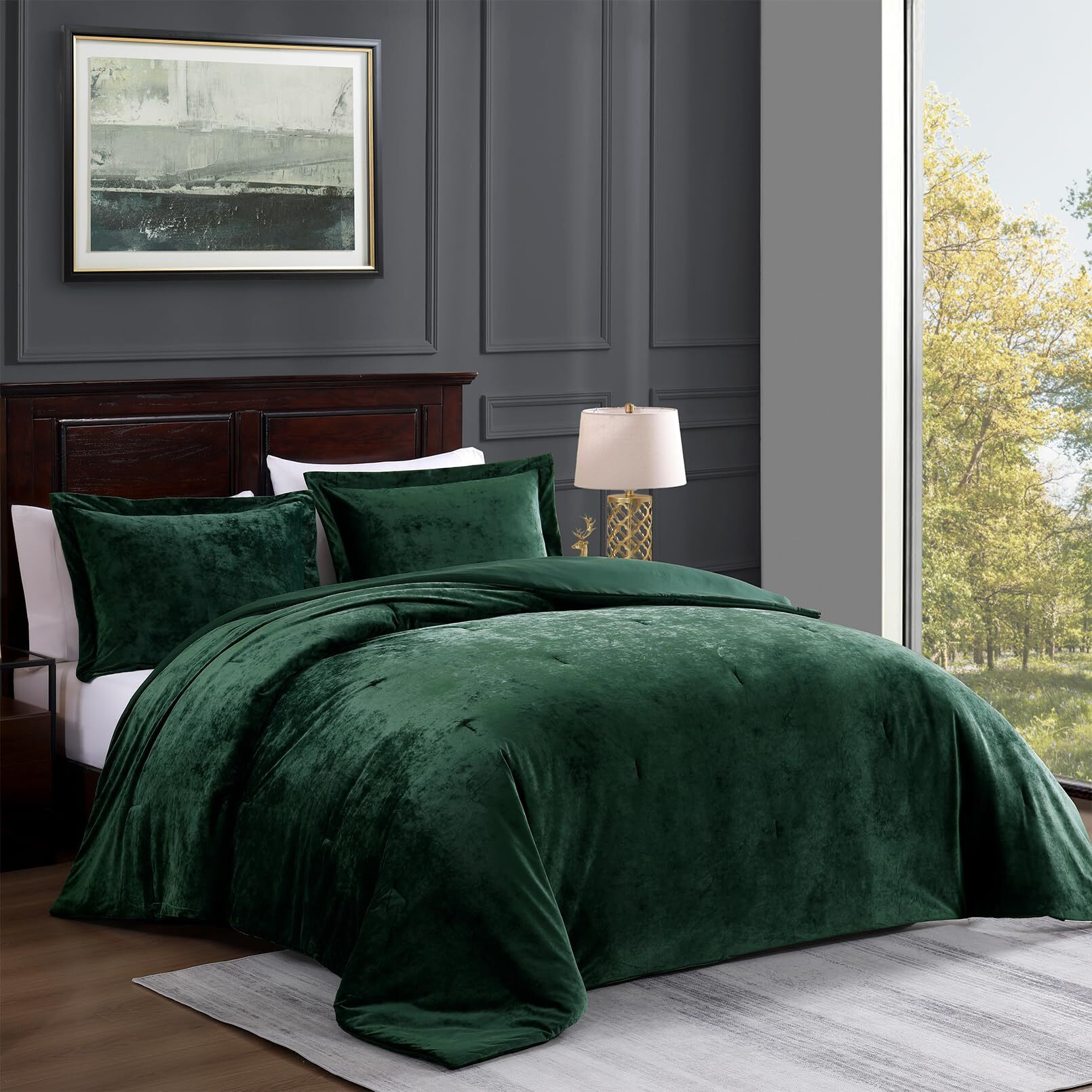 Tamgho Crushed Velvet Comforter King Set, Dark Green Comforter King, Luxury Soft Velvet Bedding Set For All Seasons, 3 Pcs Set, 1 Comforter (108"&quotX96"") And 2 Pillow Shams (20"&quotX36""+2"")