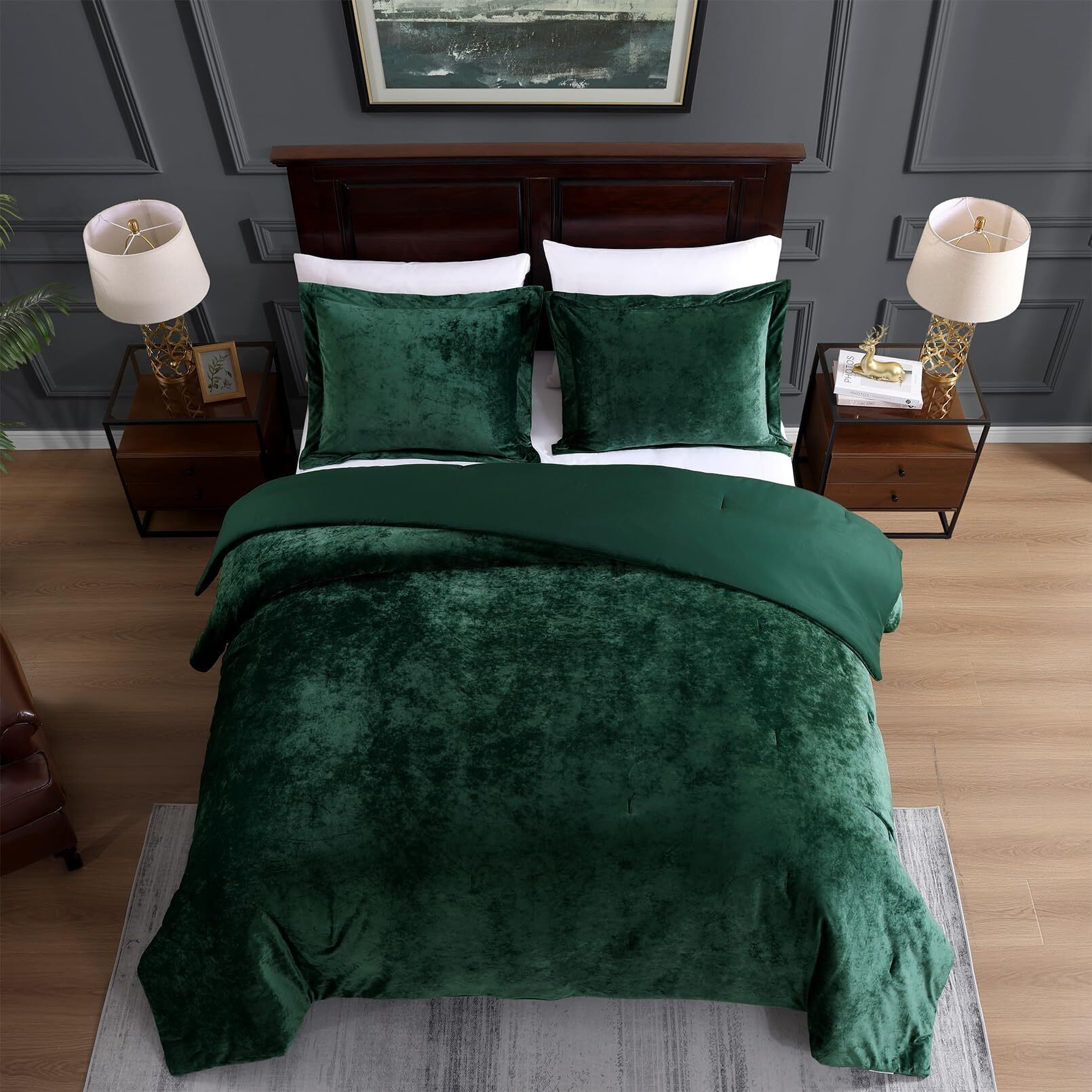 Tamgho Crushed Velvet Comforter King Set, Dark Green Comforter King, Luxury Soft Velvet Bedding Set For All Seasons, 3 Pcs Set, 1 Comforter (108"&quotX96"") And 2 Pillow Shams (20"&quotX36""+2"")