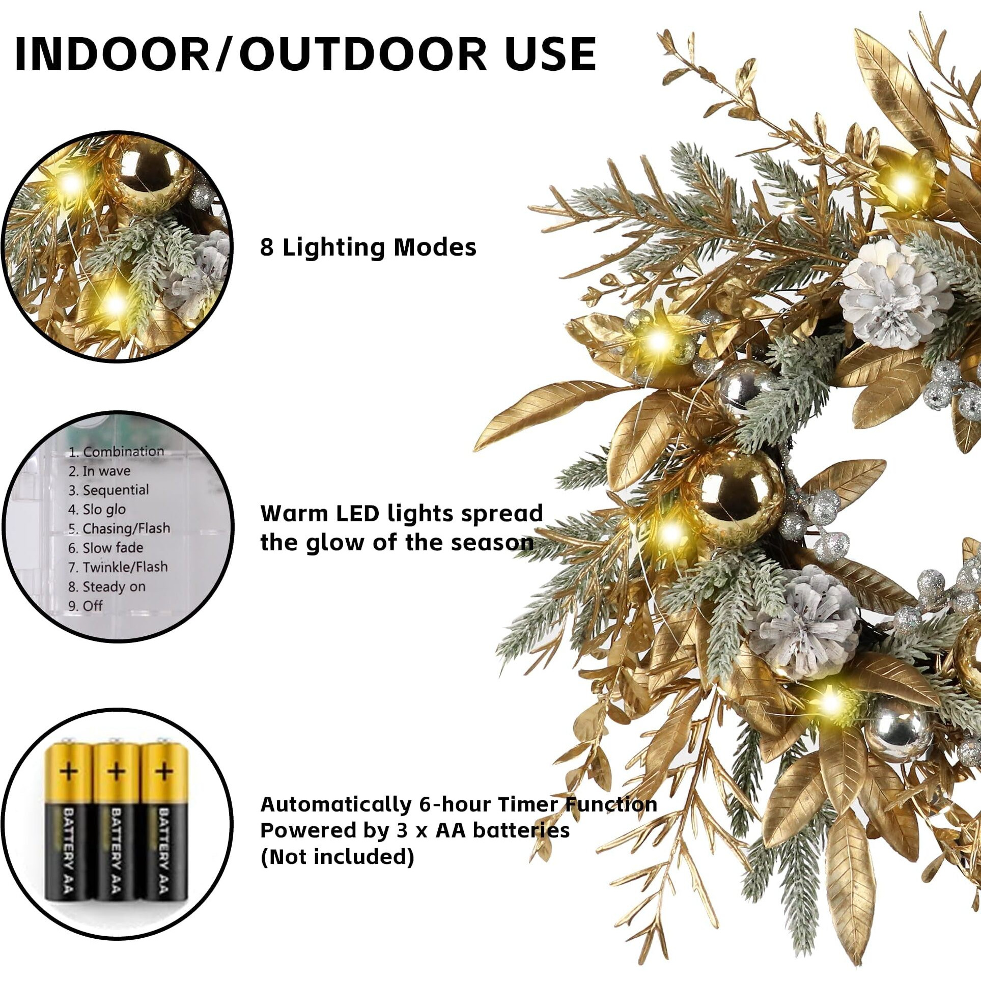 Christmas Wreath 20 Inch Door Decorations Wreath With Warm Lights Set Of 2,Christmas Balls, Pine Cones, Golden Twigs, Pine Needles And Silver Berries,Perfect For Front Door, Indoor Outdoor Use
