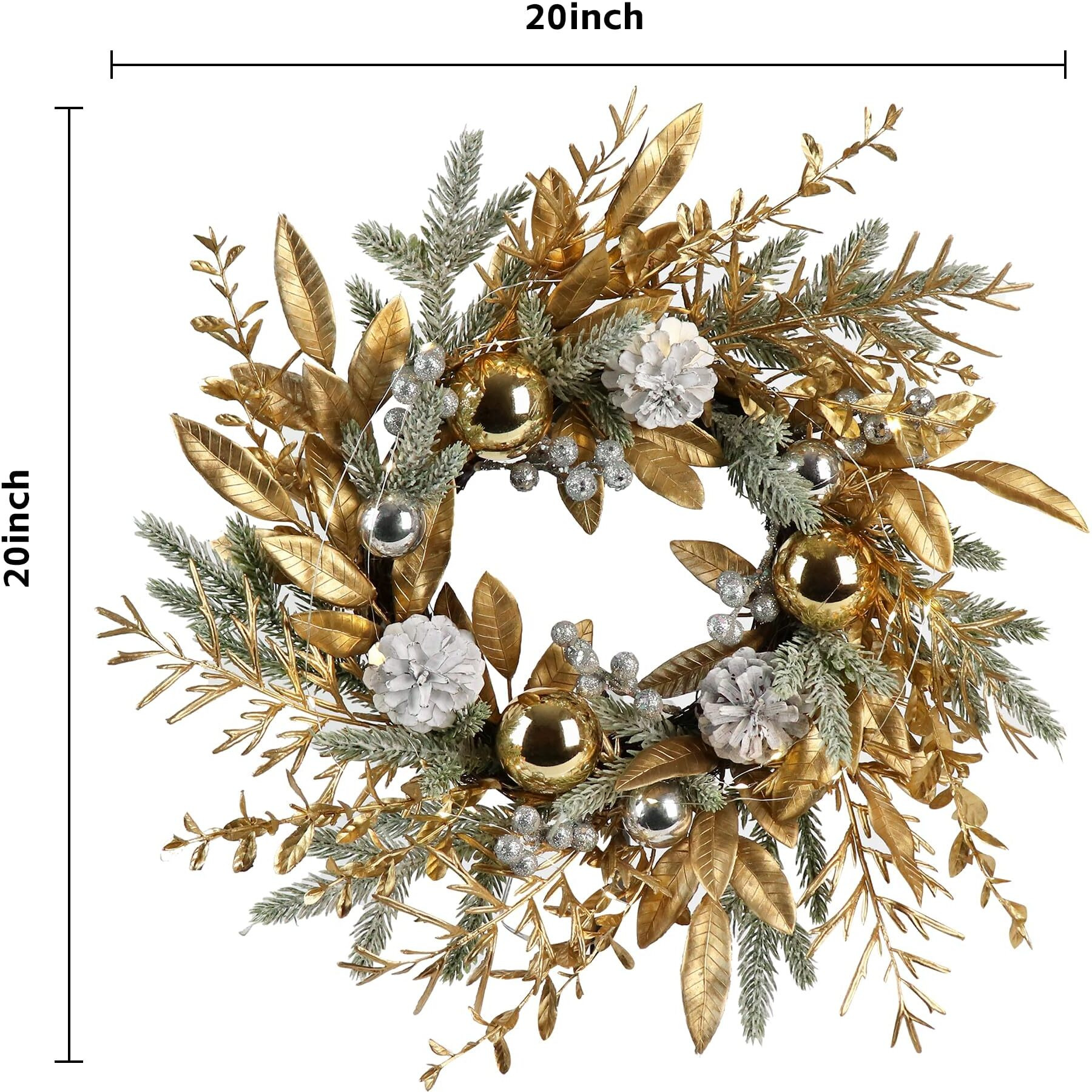 Christmas Wreath 20 Inch Door Decorations Wreath With Warm Lights Set Of 2,Christmas Balls, Pine Cones, Golden Twigs, Pine Needles And Silver Berries,Perfect For Front Door, Indoor Outdoor Use