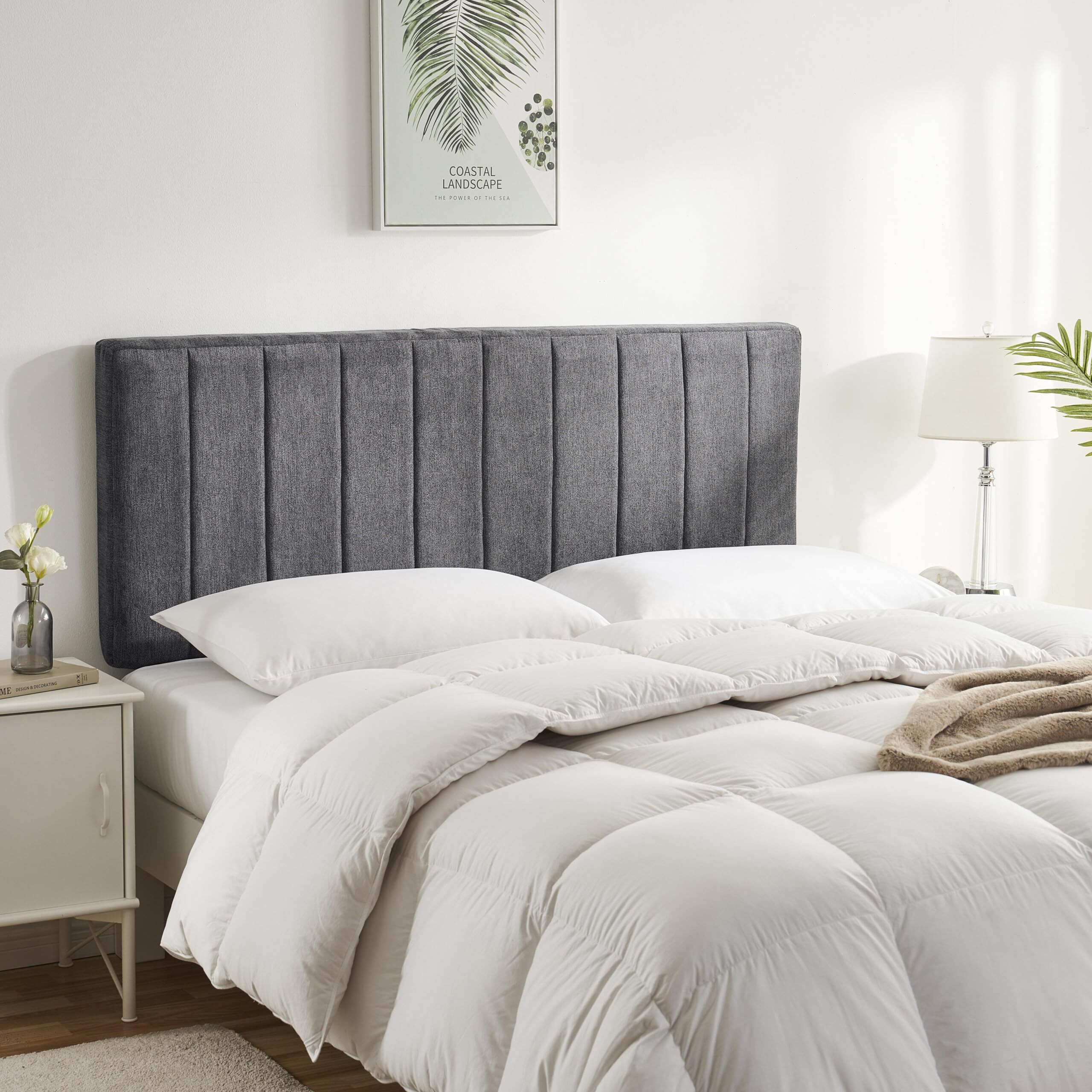 Upholstered Queen Headboard - Easy Assemble Channel Stitched Headboard Queen Size - Wall Mounted Headboard With 3D Soundproof Wall Panels Peel & Stick Floating Headboards For Queen Size Bed - Grey