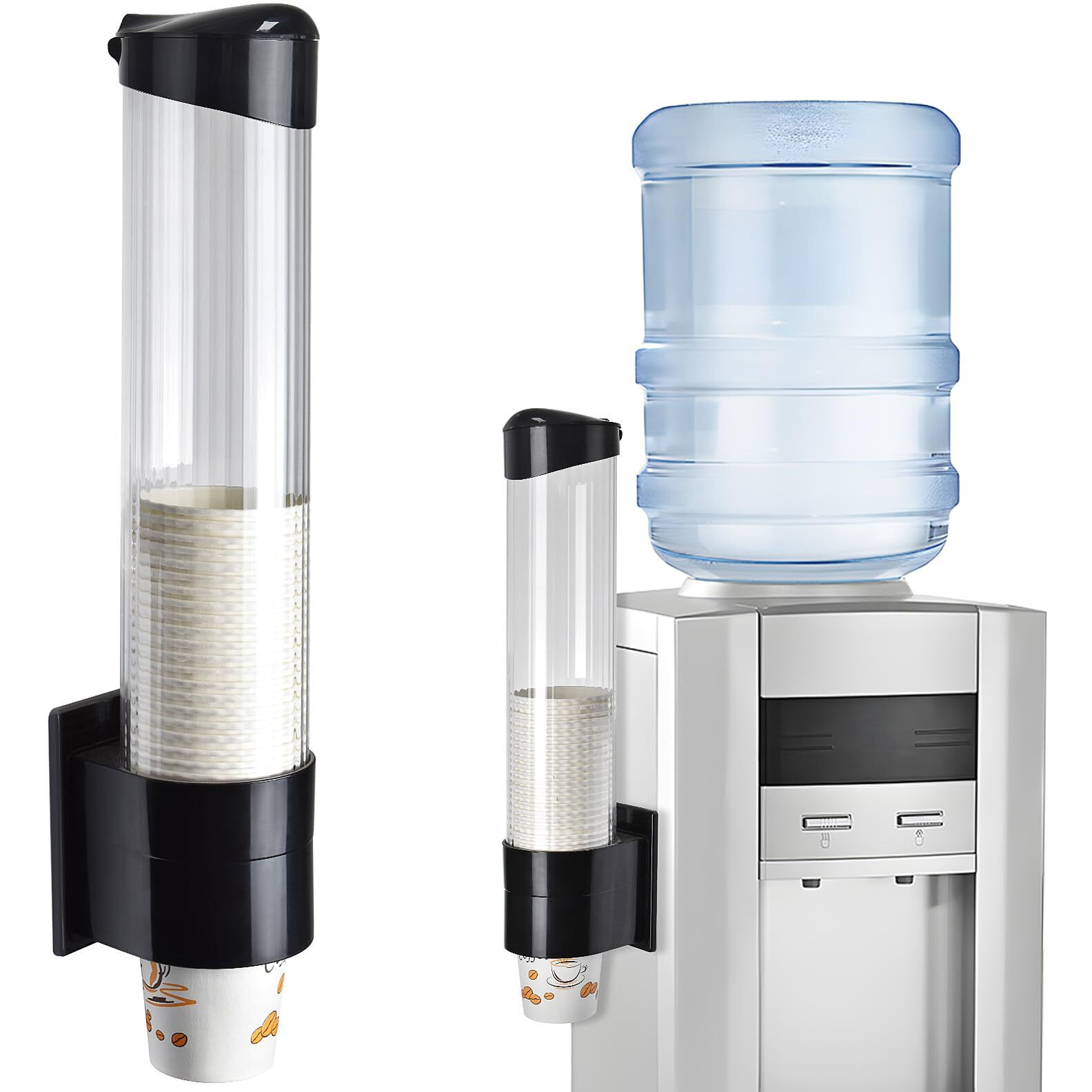 Lbting Cup Dispenser, Water Cooler Pull Type Cup Holder Fits 5Oz - 7Oz Cone Or Flat Bottom Cups, Paste Or Screw Plate Wall Mount, 16"" Tube Length Black