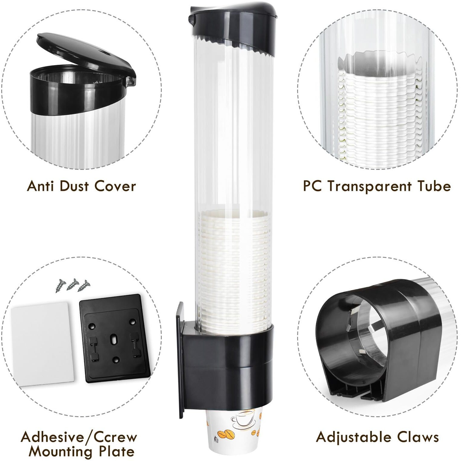 Lbting Cup Dispenser, Water Cooler Pull Type Cup Holder Fits 5Oz - 7Oz Cone Or Flat Bottom Cups, Paste Or Screw Plate Wall Mount, 16"" Tube Length Black