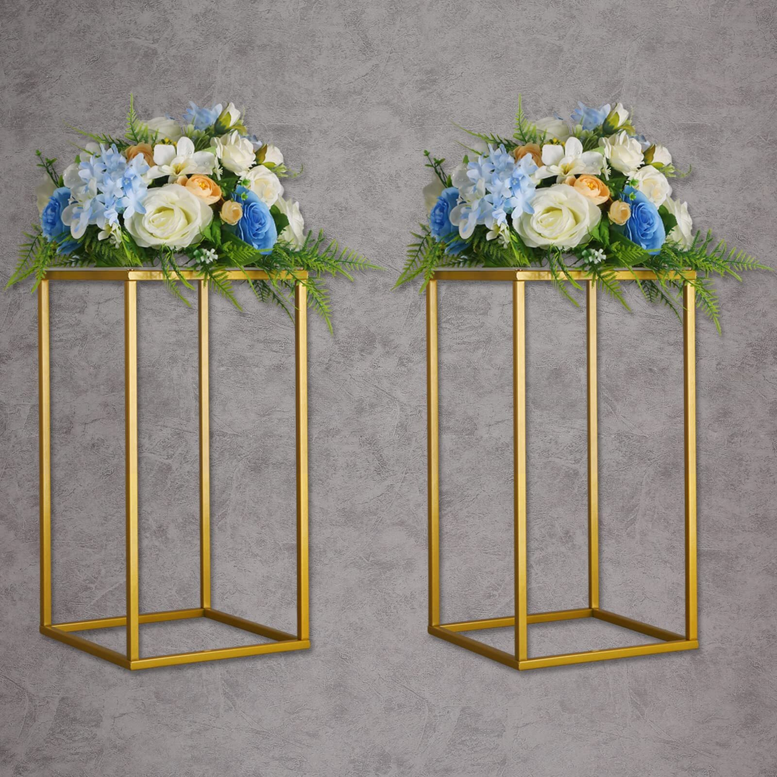 Yallove 2 Pack 15.75 Inch Gold Wedding Flower Stand Metal Vase Column Stand Geometric Centerpiece Vase For Home Party Wedding Decorations, Rectangular Flower Display Rack