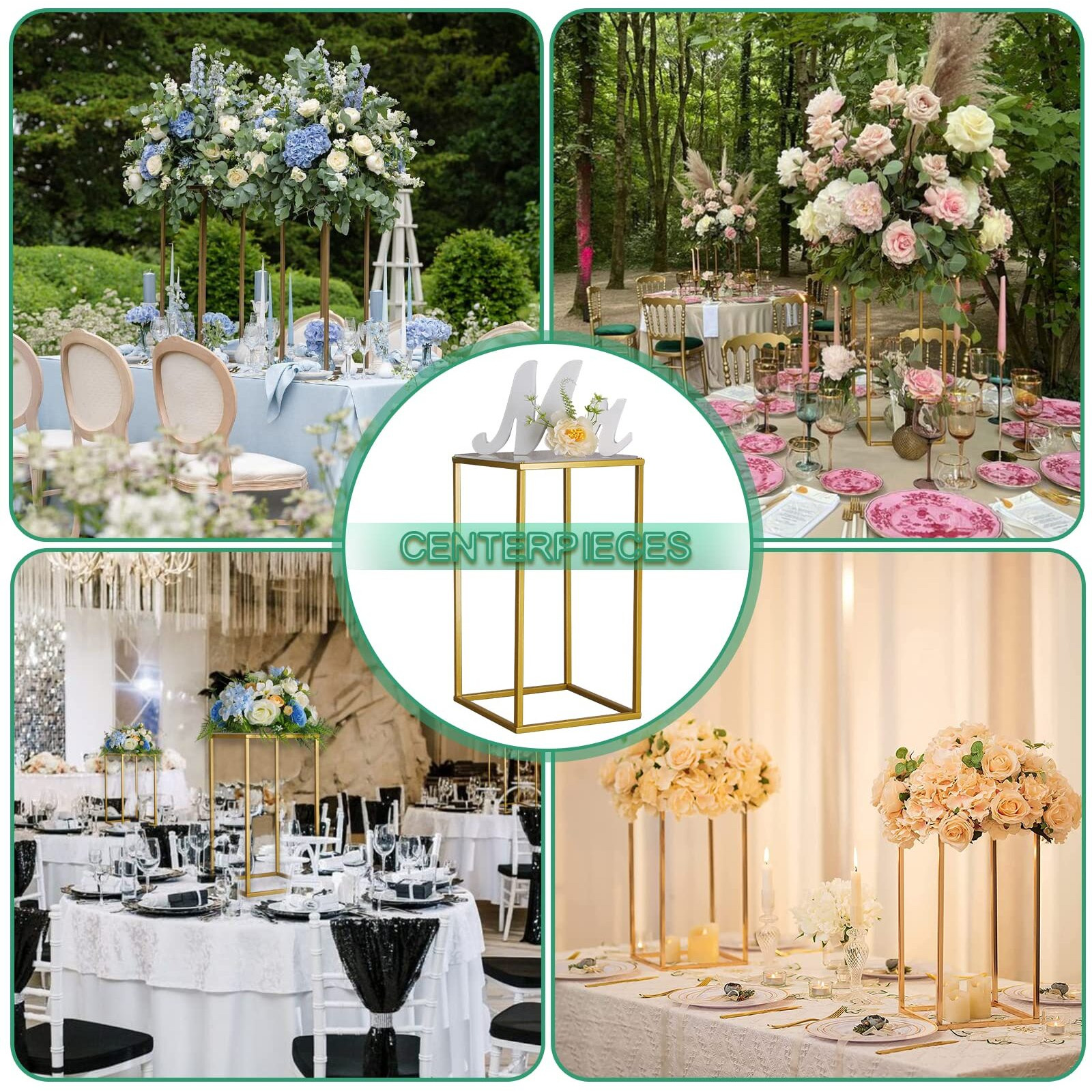Yallove 2 Pack 15.75 Inch Gold Wedding Flower Stand Metal Vase Column Stand Geometric Centerpiece Vase For Home Party Wedding Decorations, Rectangular Flower Display Rack