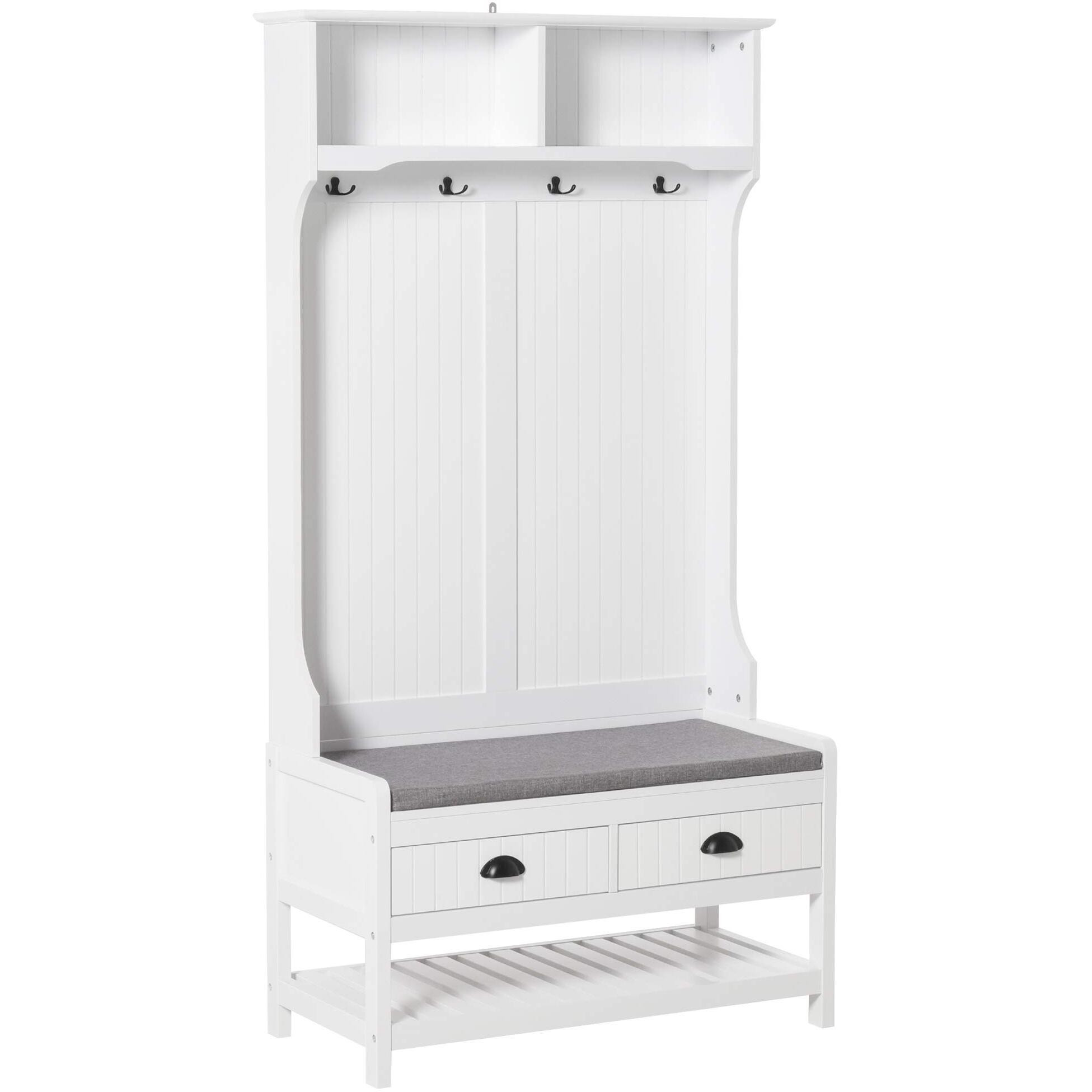 Homcom 3-In-1 Hall Tree, Entryway Bench With Coat Rack, Mudroom Bench With Shoe Rack, 2 Storage Drawers, 4 Hooks And Padded Seat Cushions For Hallway, White
