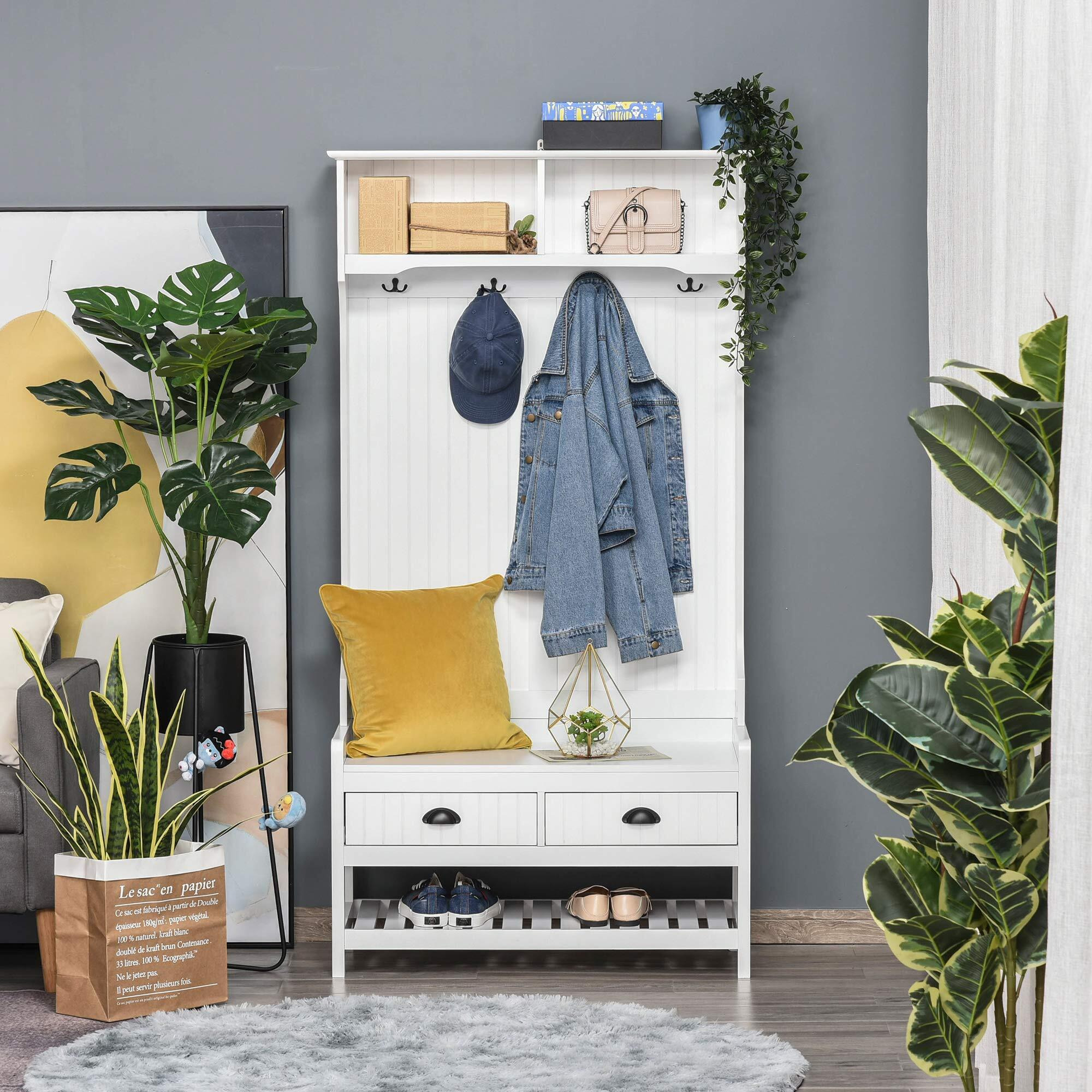 Homcom 3-In-1 Hall Tree, Entryway Bench With Coat Rack, Mudroom Bench With Shoe Rack, 2 Storage Drawers, 4 Hooks And Padded Seat Cushions For Hallway, White