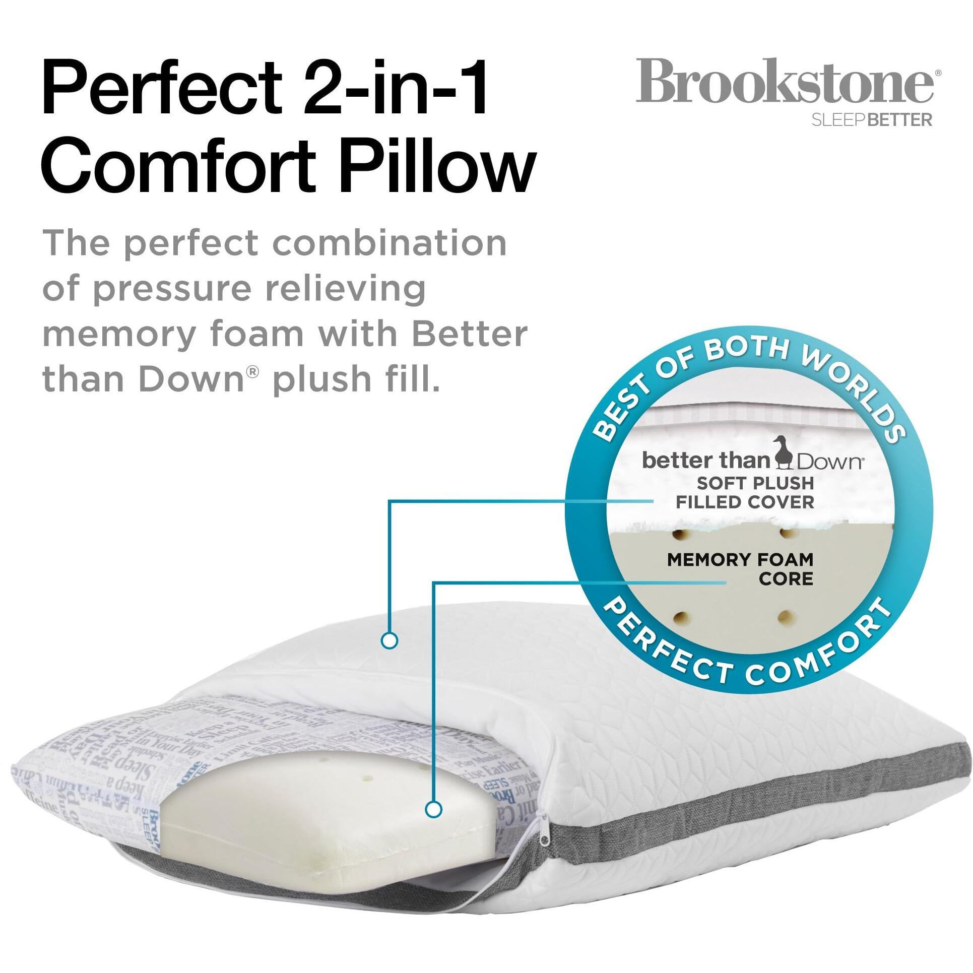 Brookstone 2-In-1 Comfort Memory Foam Pillow With Better Than Down Fill For Firm Yet Plush Feel | Innovative Hybrid Design Bed Pillow With Dual-Sided Cool & Warmth Comfort All Seasons | Soft Pillow