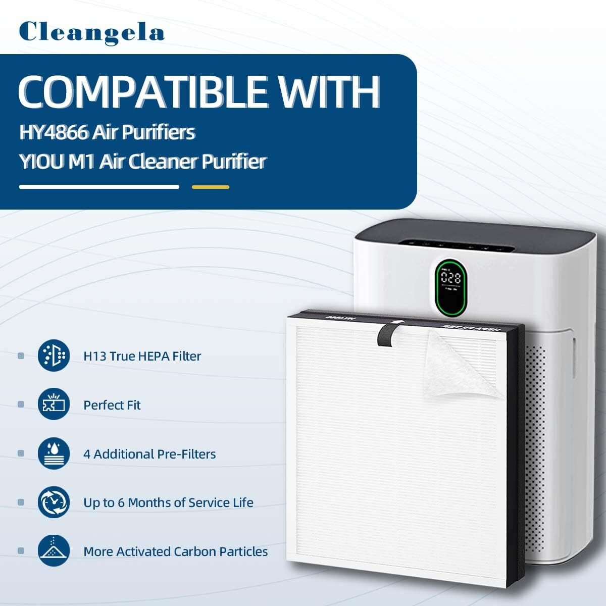 Cleangela Hy4866 Air Purifier Replacement Filter 4-Set Compatible With Morento Hy4866, Westhey Hy4866 And Yiou M1 Air Cleaner Purifiers- 4-Pack True Hepa Activated Carbon Filters + 4-Pack Pre-Filters