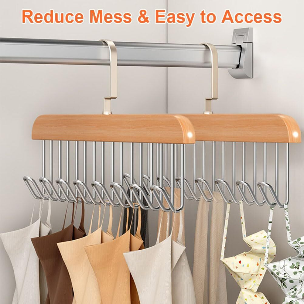 Plowatxi Belt Hanger For Closet 2 Pack Belt Hanger With 16 Hooks, Sturdy Wooden Non-Slip Belt Holder For Closet Space Saving Belt Organizer For Closet Rotating Display Belt Rack For Bra Hat Tank Tops