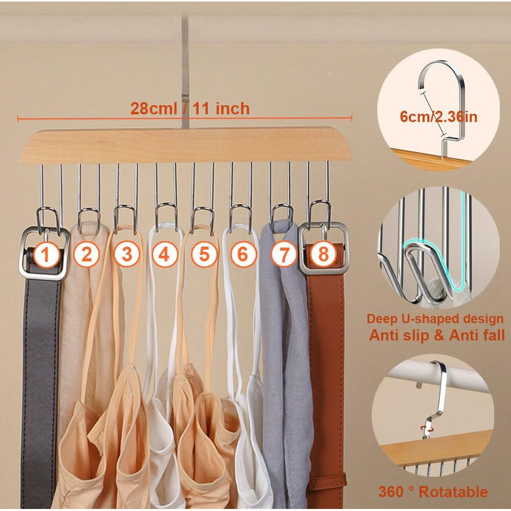 Plowatxi Belt Hanger For Closet 2 Pack Belt Hanger With 16 Hooks, Sturdy Wooden Non-Slip Belt Holder For Closet Space Saving Belt Organizer For Closet Rotating Display Belt Rack For Bra Hat Tank Tops