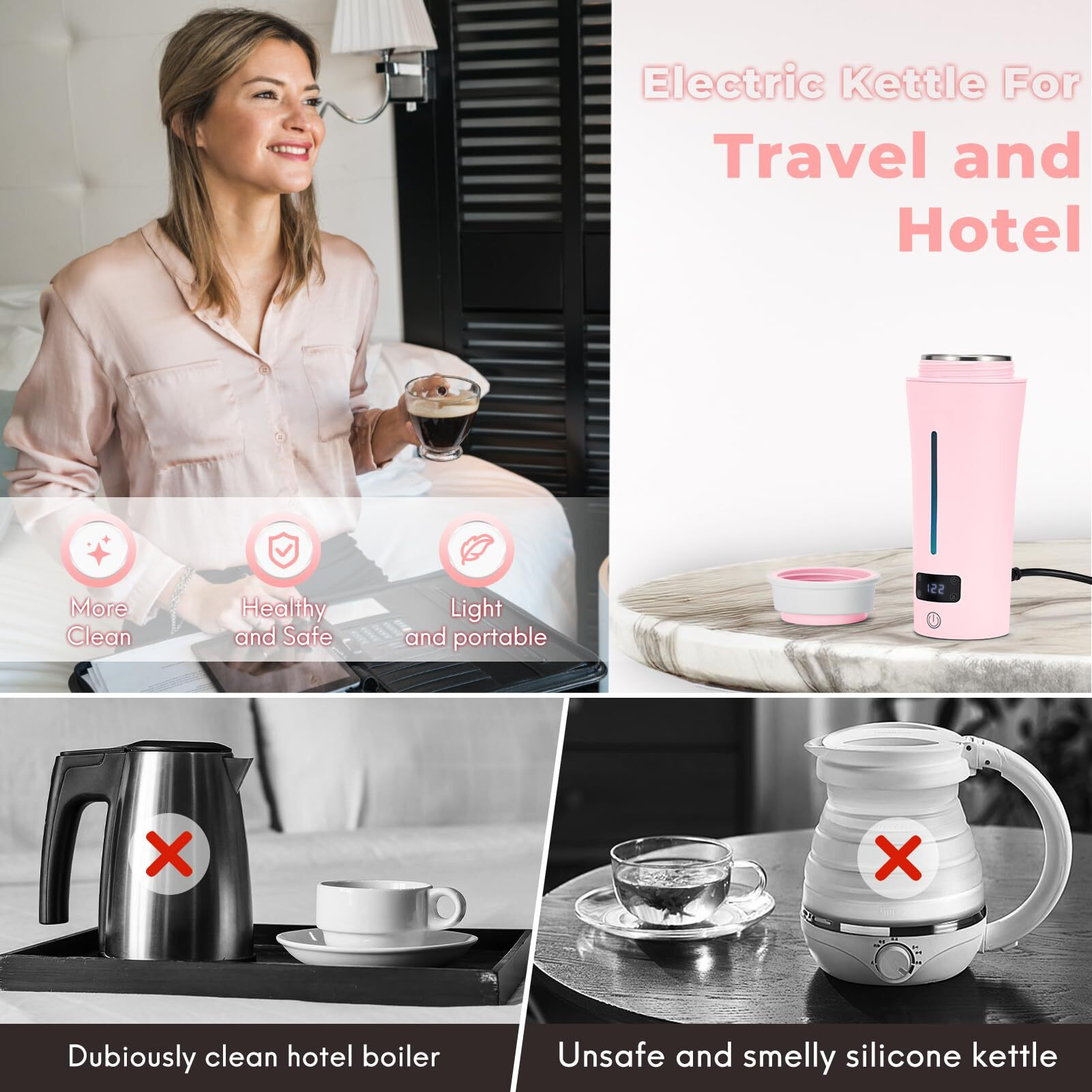 Dual Voltage Travel Kettle, 110-240V Portable Electric Kettle With Lcd Display, 4 Temperature Settings, 4 Colors Led For Global Use (350Ml)