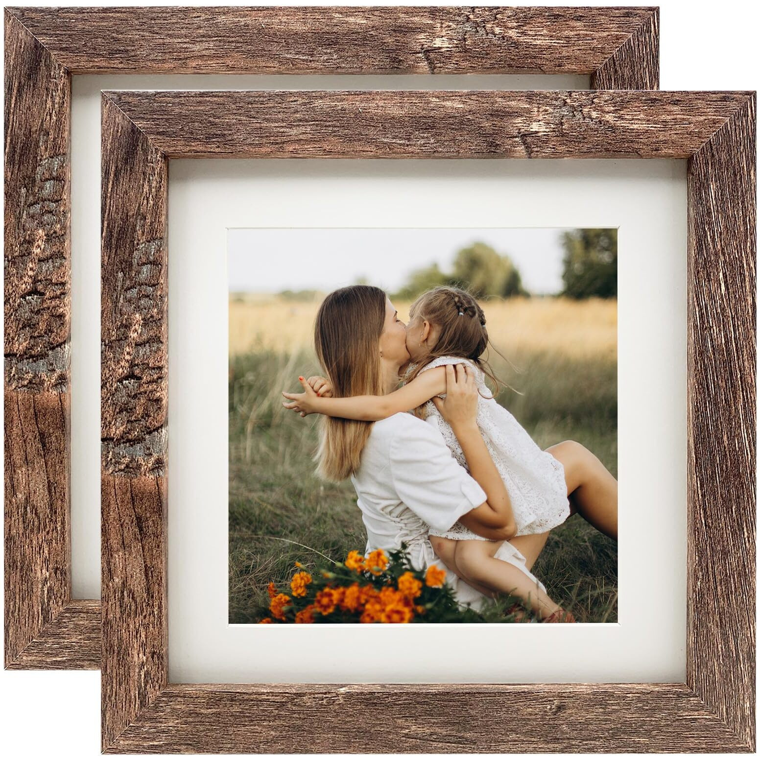 Lekaiya 7X7 Picture Frames Set Of 2, Square Rustic Wood Grain Photo Frame For Tabletop Or Wall Mounting Display