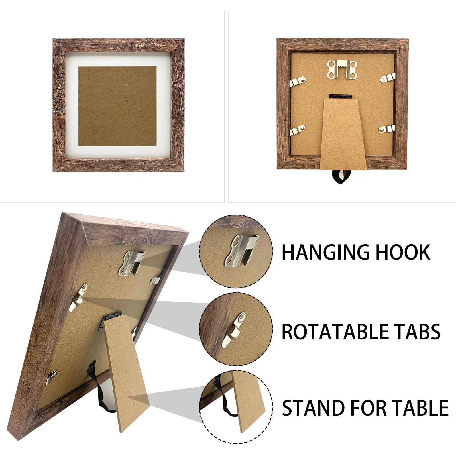 Lekaiya 7X7 Picture Frames Set Of 2, Square Rustic Wood Grain Photo Frame For Tabletop Or Wall Mounting Display