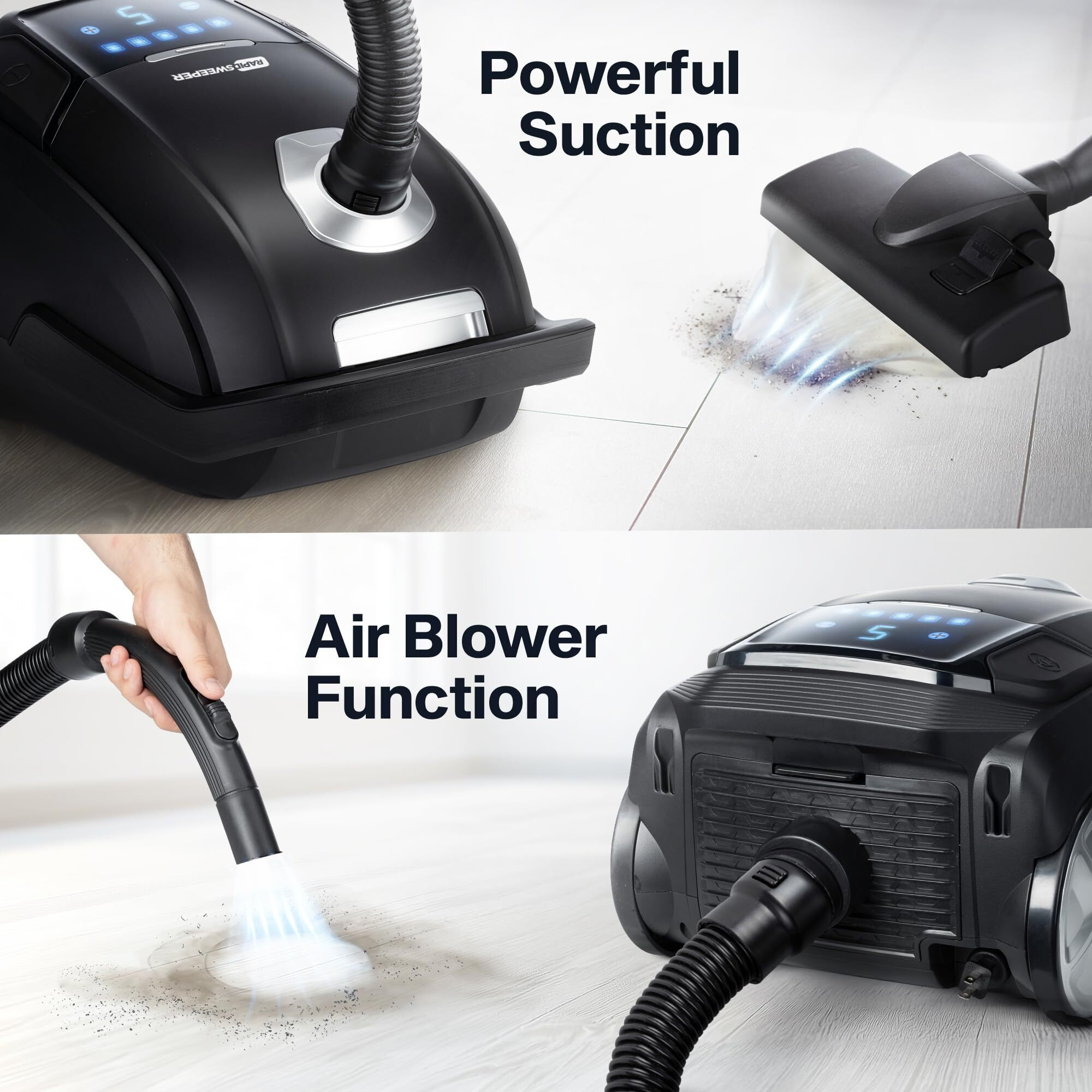 Rapidsweeper Bagged Canister Vacuum Cleaner & Blower For Home - Washable Hepa Filter - 5L Capacity - 5 Speeds - For Hardwood & Low-Medium Pile Carpet - Lightweight - Retractable Cord