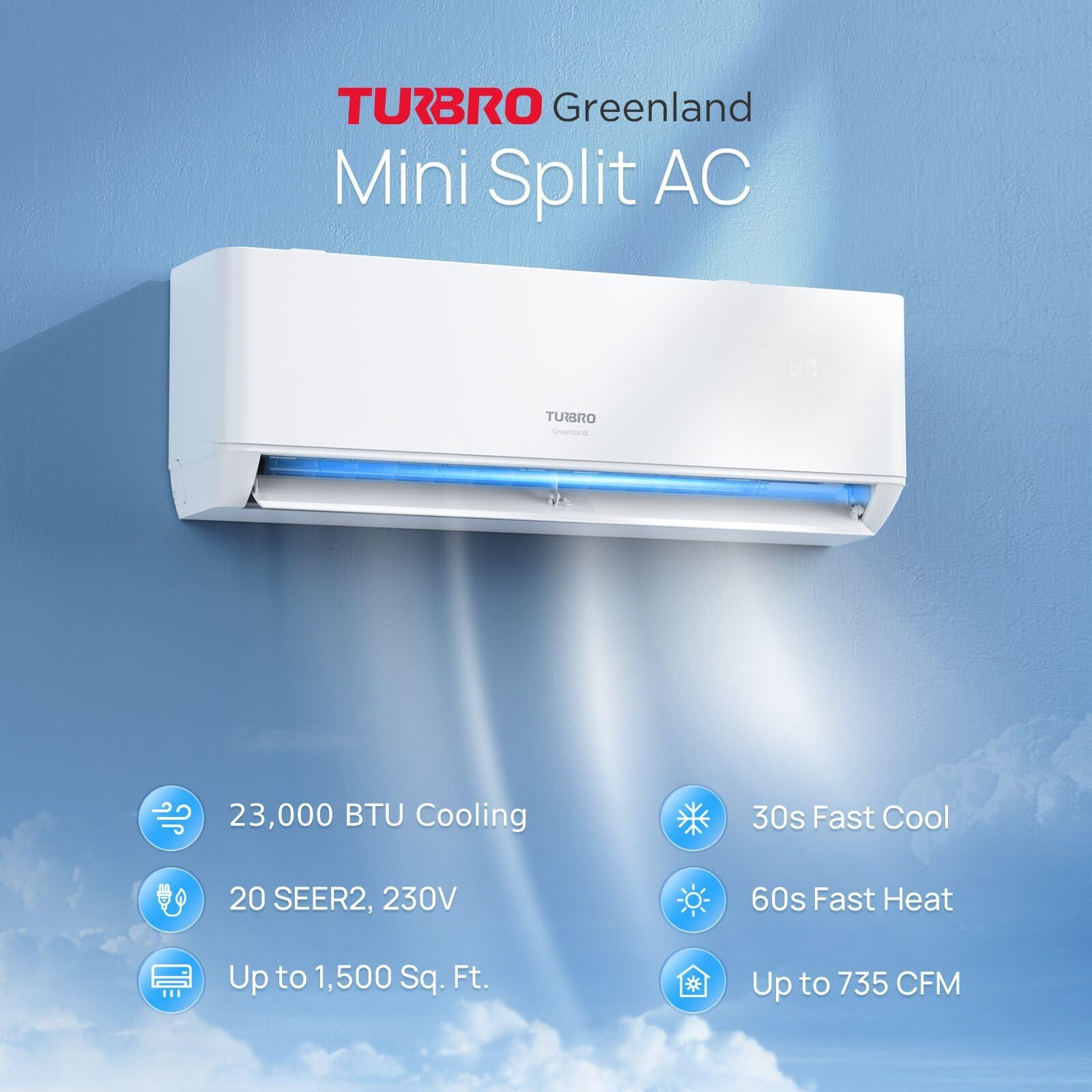Turbro 24,000 Btu Ductless Mini Split Inverter Ac With Heat Pump, 20 Seer2, 230V, Wifi-Enabled, Cools Up To 1,500 Sq.Ft, Energy Star, Greenland Series