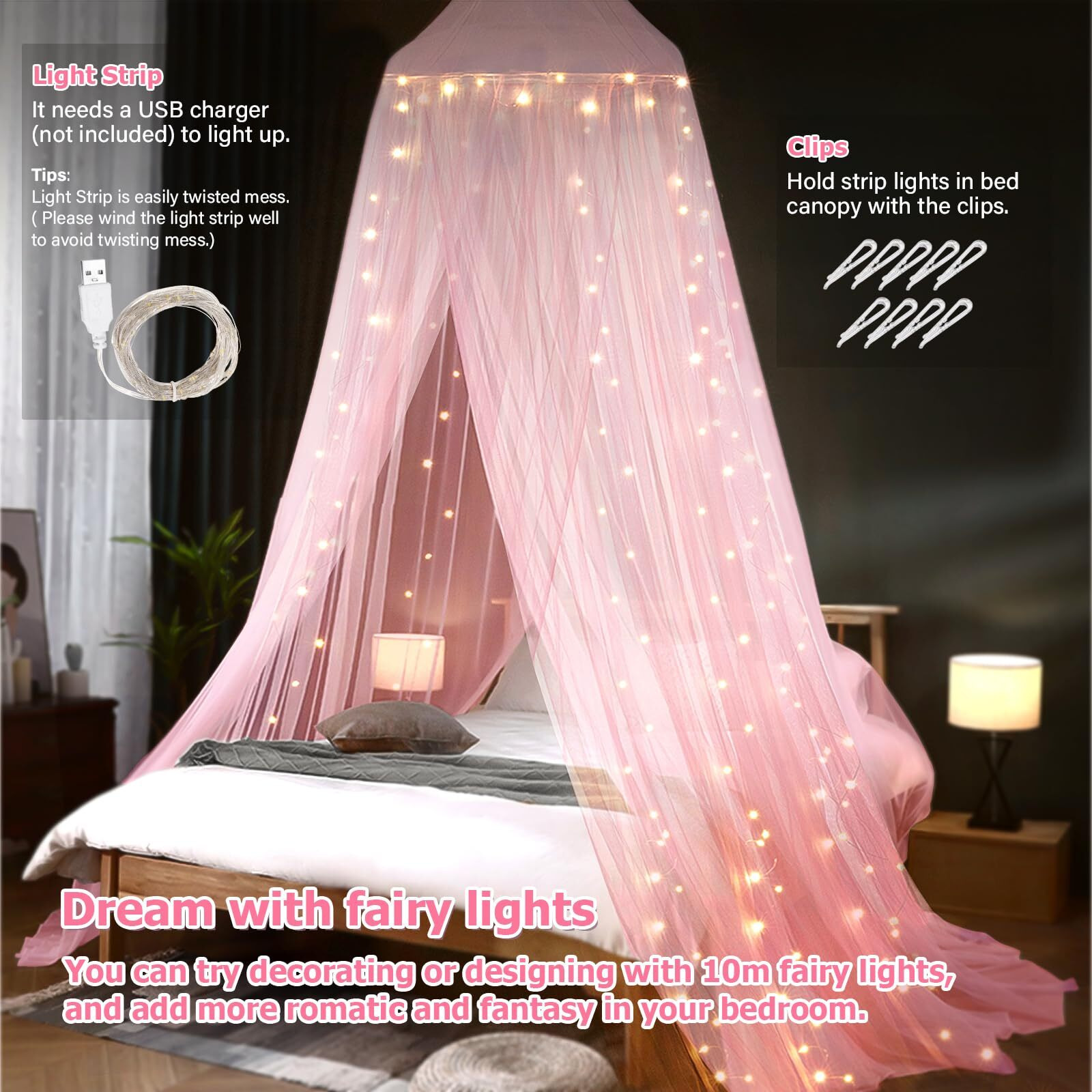 Bed Canopy With Lights, Bed Canopy For Girls Princess With Luminous Stars, Canopy Bed Curtains For Twin To King Size Bed, Baby Kids Adult Indoor Decor Bedroom Reading Nook Outdoor Camping, Pink
