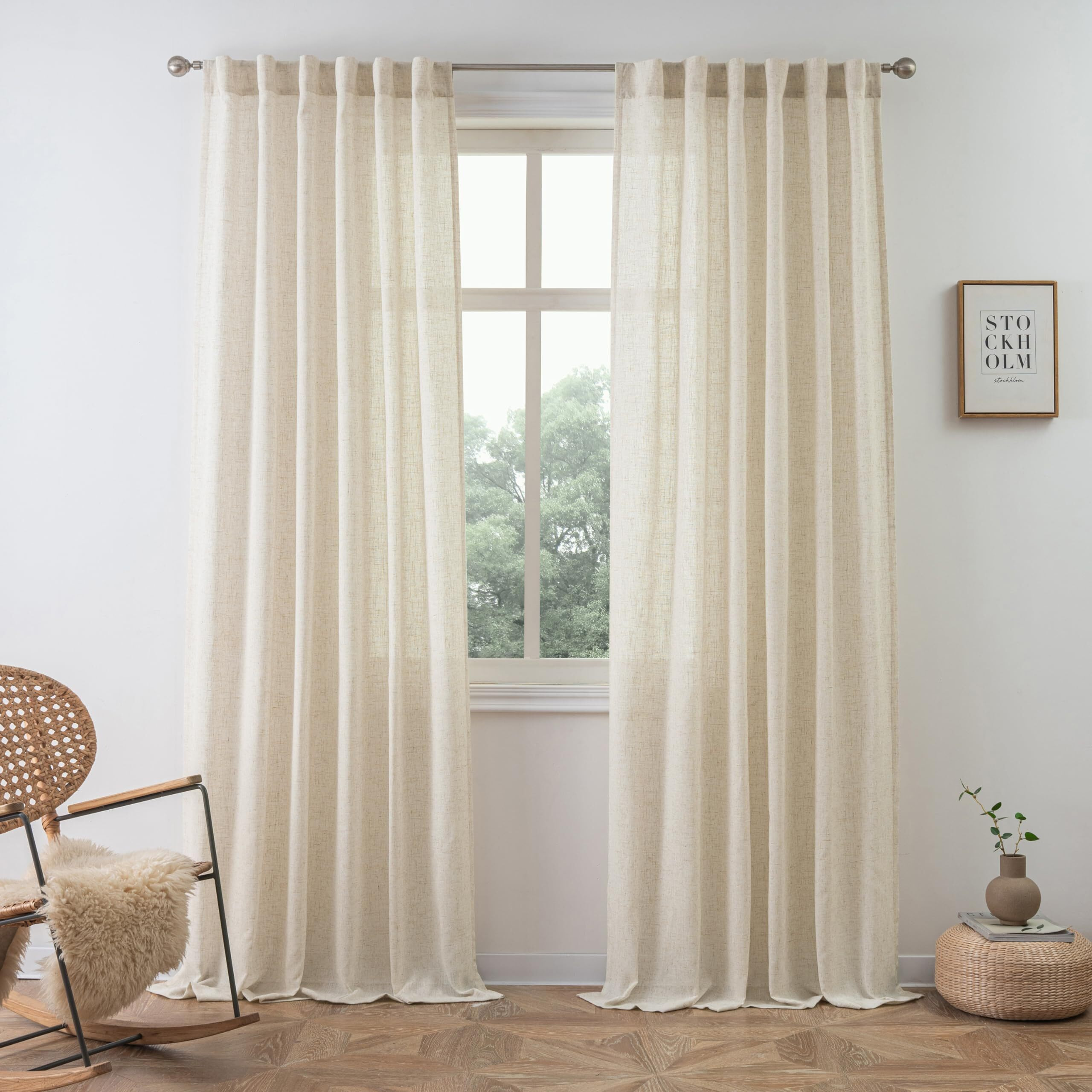 Driftaway Natural Linen Curtains 84 Inches Long 3 Pound Thick Semi Sheer 2 Panels Farmhouse Real Flax 3 Inch Rod Pocket Back Tab Boho Rustic Light Filtering Window Drapes For Bedroom Privacy Assured