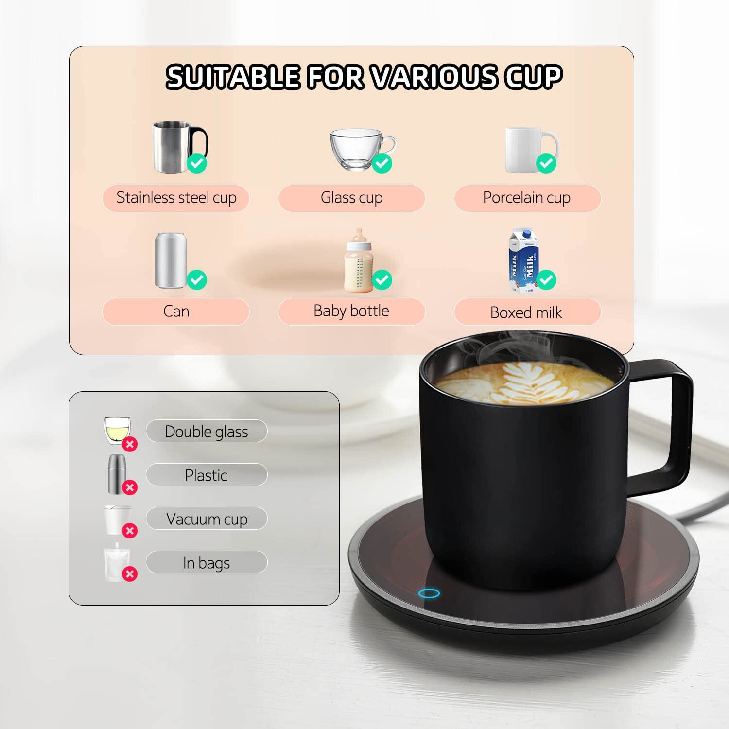 Mug Warmer, 2-Temp Settings Coffee Mug Warmer, Portable Coffee Cup Warmer, Coffee Warmer For Desk Suits For Various Mugs, Automatic Shut Off