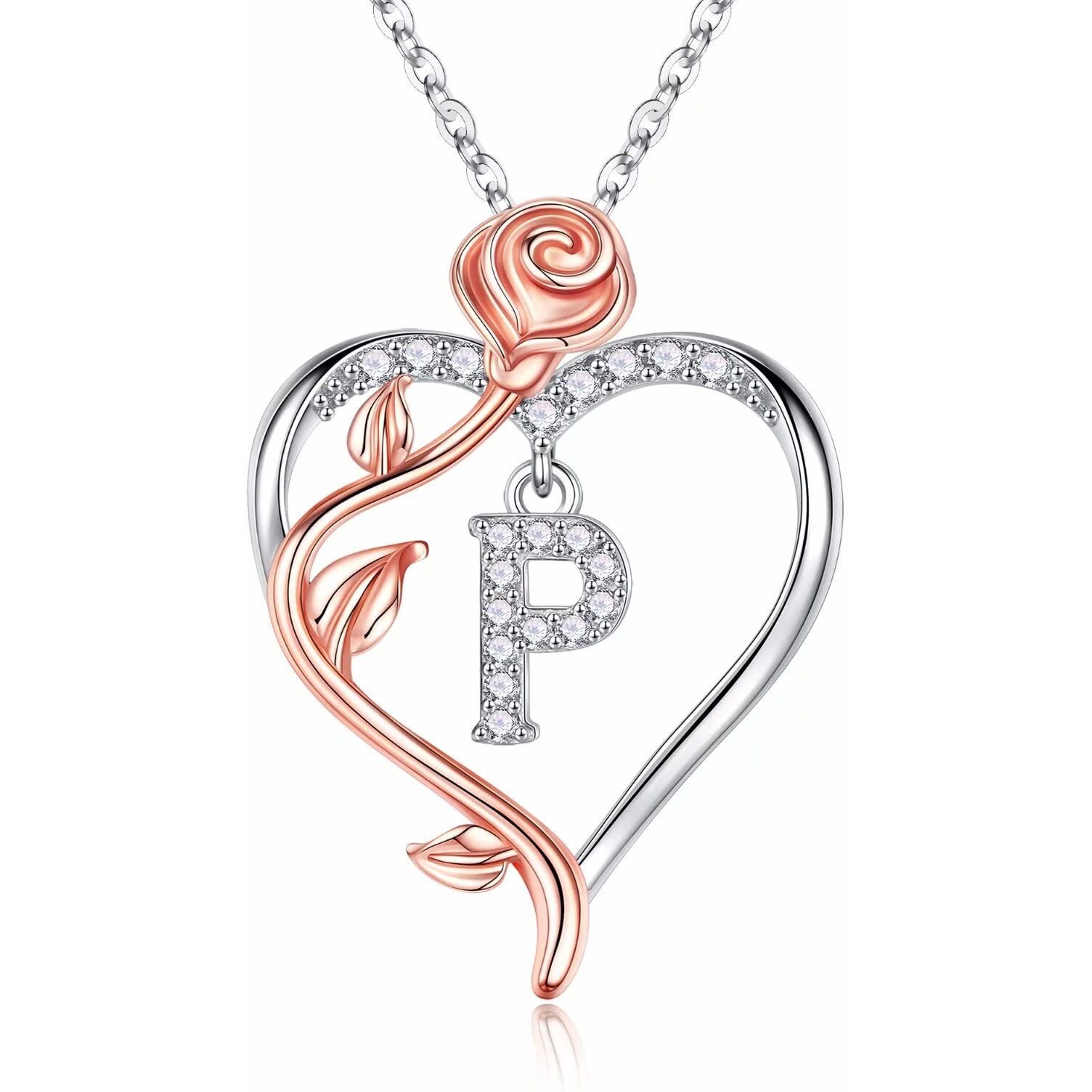 Iefil Dainty Necklace For Women, 925 Sterling Silver Rose Love Heart Initial P Letter Pendant Necklace Jewelry Mothers Valentines Day Gifts For Her Wife Girlfriend Mom, Anniversary Birthday Gifts