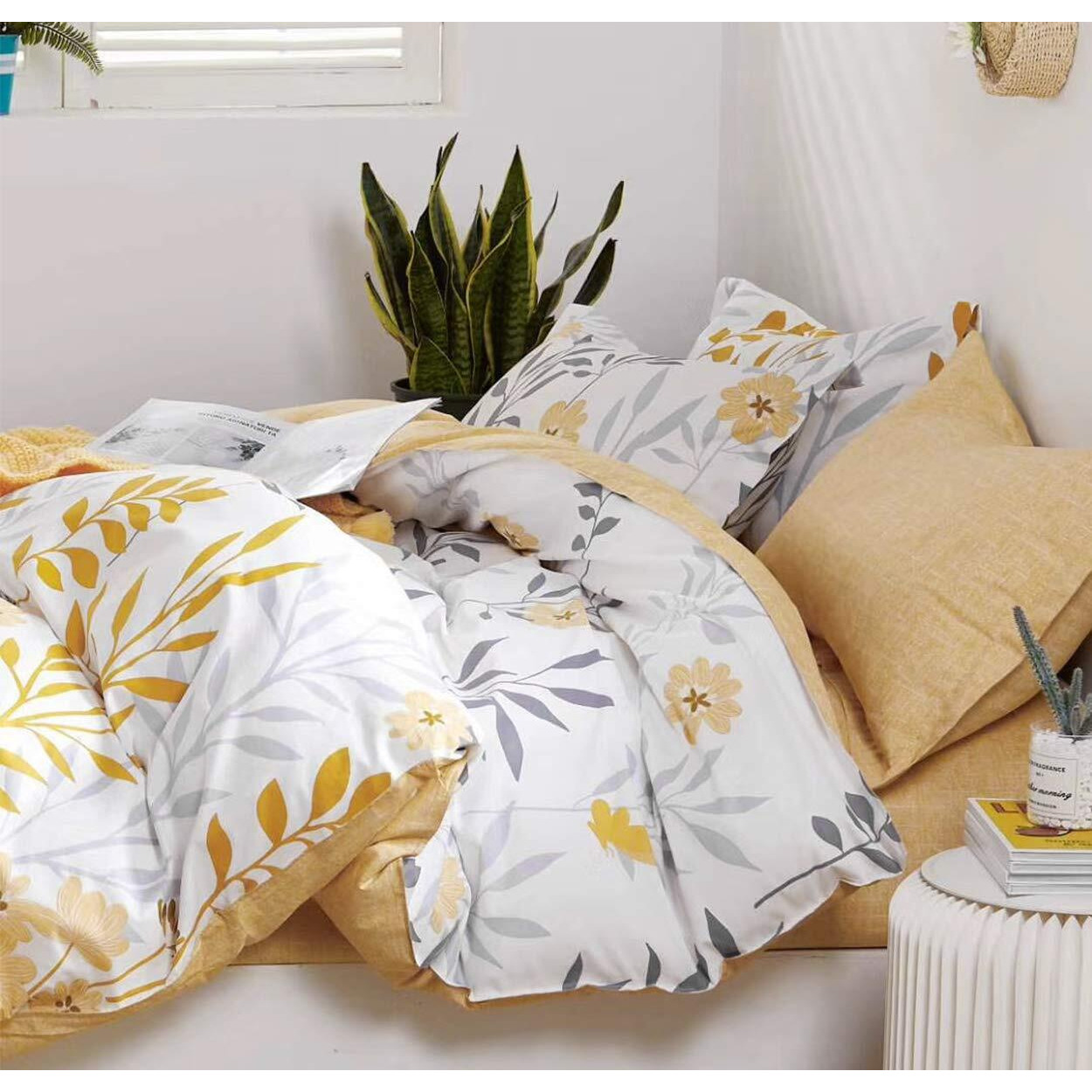Sleepbella Duvet Cover King Size, 600 Thread Count Cotton Grey Branches And Yellow Flower Reversible Comforter Cover(King, White Leaf)