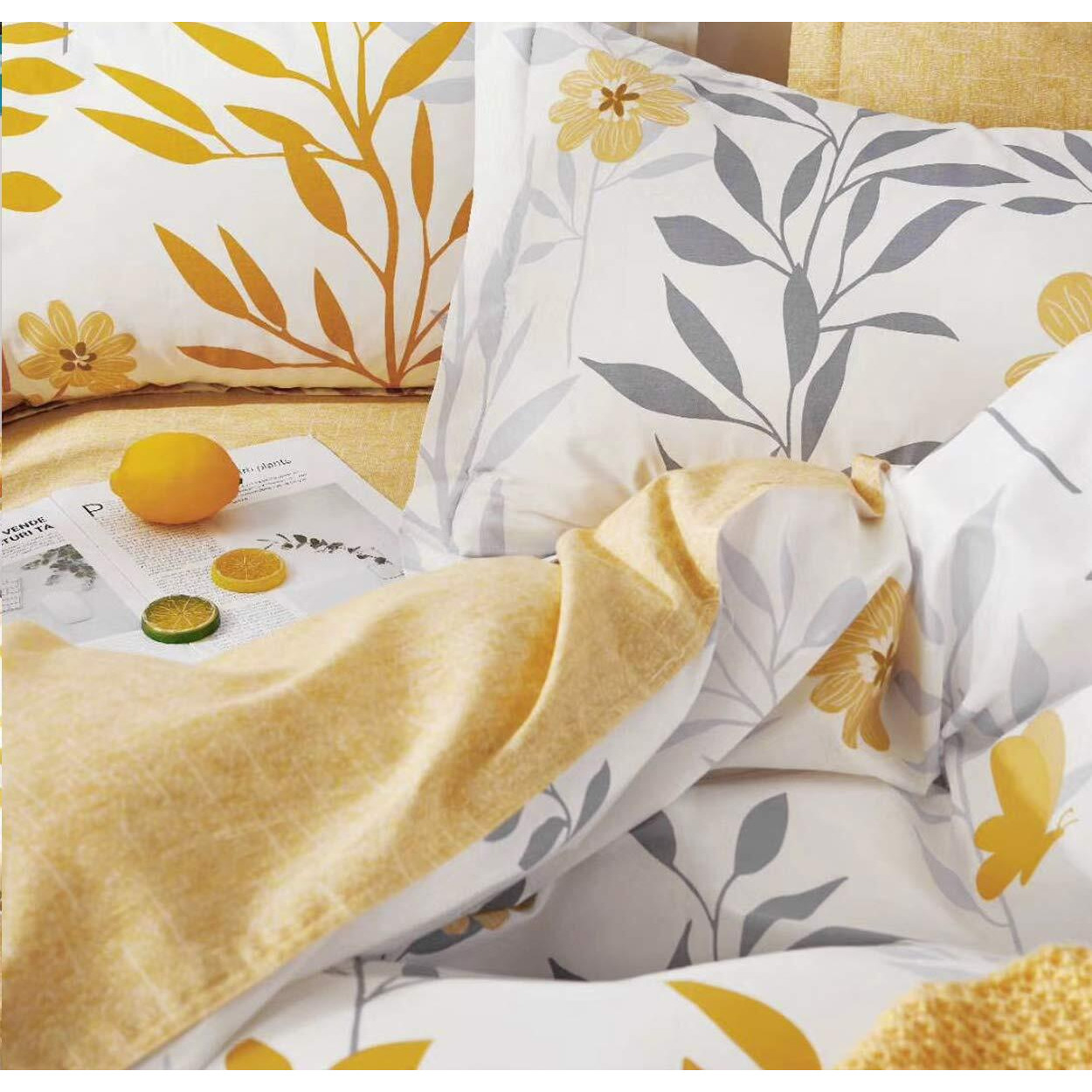 Sleepbella Duvet Cover King Size, 600 Thread Count Cotton Grey Branches And Yellow Flower Reversible Comforter Cover(King, White Leaf)