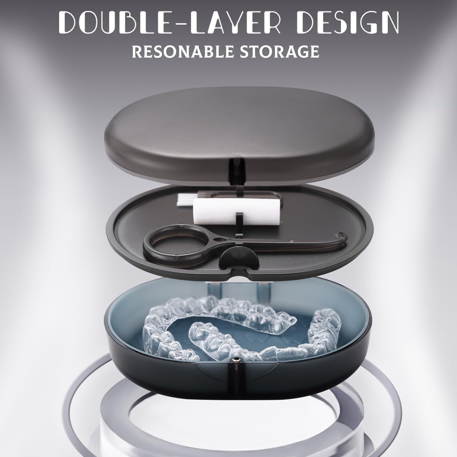 Longmon New Double-Layer Retainer Storage Case With Belt Chewing,Removal Tool,Cleaning Brush,Built In Mirror Orthodontic Retainer Case,Mouth Guard Case,Denture Case