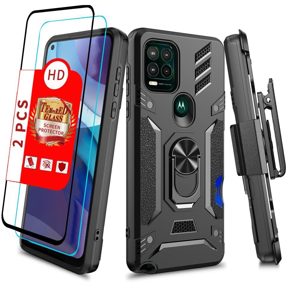 Shockproof Military Grade Drop Tested Phone Case With Ring Holster Belt Clip Card Holder Screen Protector Fits For Moto G Stylus 5G 2021 6.8""