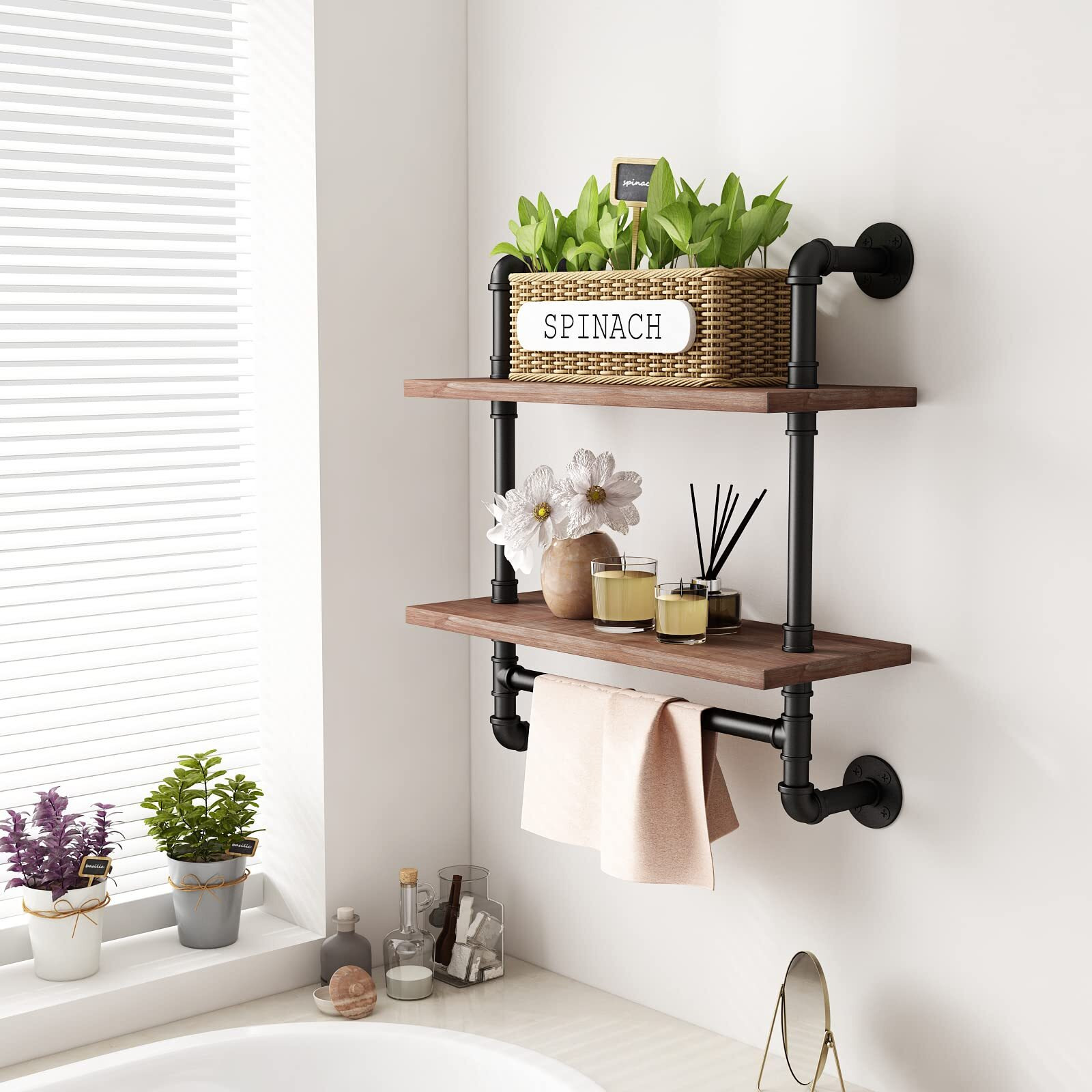 Bosuru Industrial Pipe Bathroom Shelves Rustic Wood Shelves With Towel Bar 24"" Farmhouse Wall Shelf For Wall Pipe Shelving