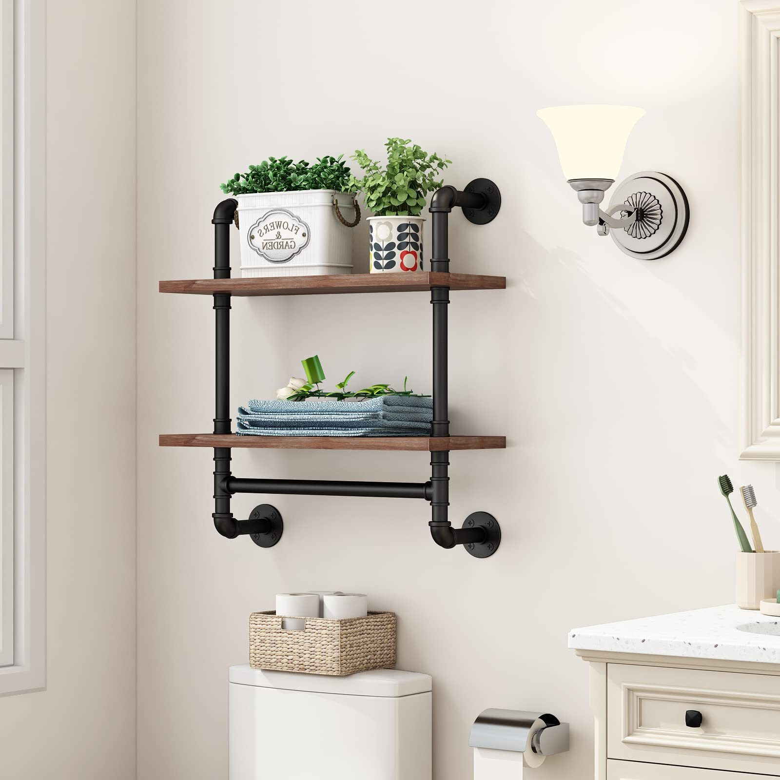 Bosuru Industrial Pipe Bathroom Shelves Rustic Wood Shelves With Towel Bar 24"" Farmhouse Wall Shelf For Wall Pipe Shelving