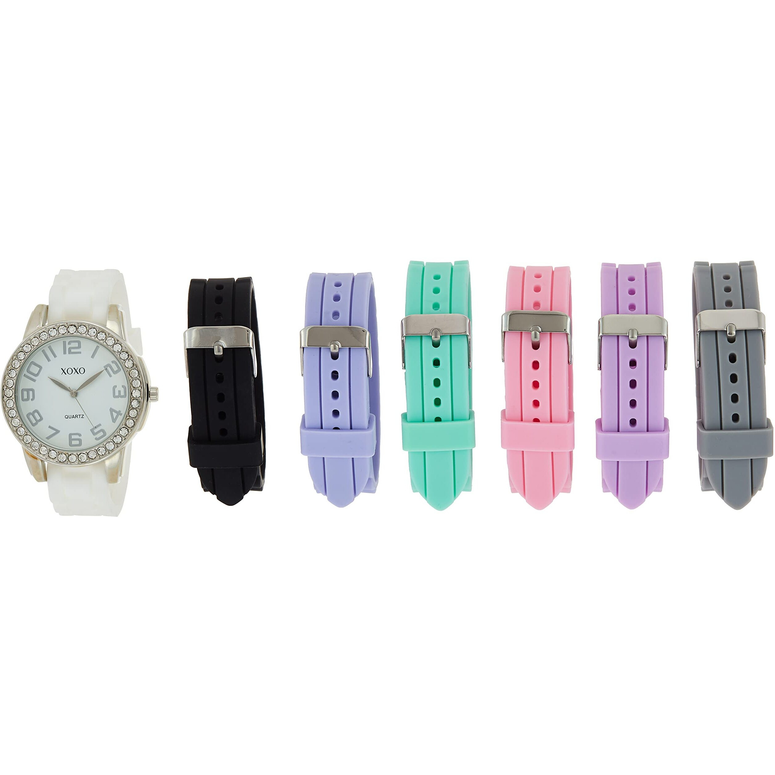 Xoxo Womens Silver-Tone Analog Watch With Crystal-Accent Bezel - 7 Interchangeable Silicone Bands - Stylish Quartz Timepiece With Adjustable Fit - Gift-Ready Box