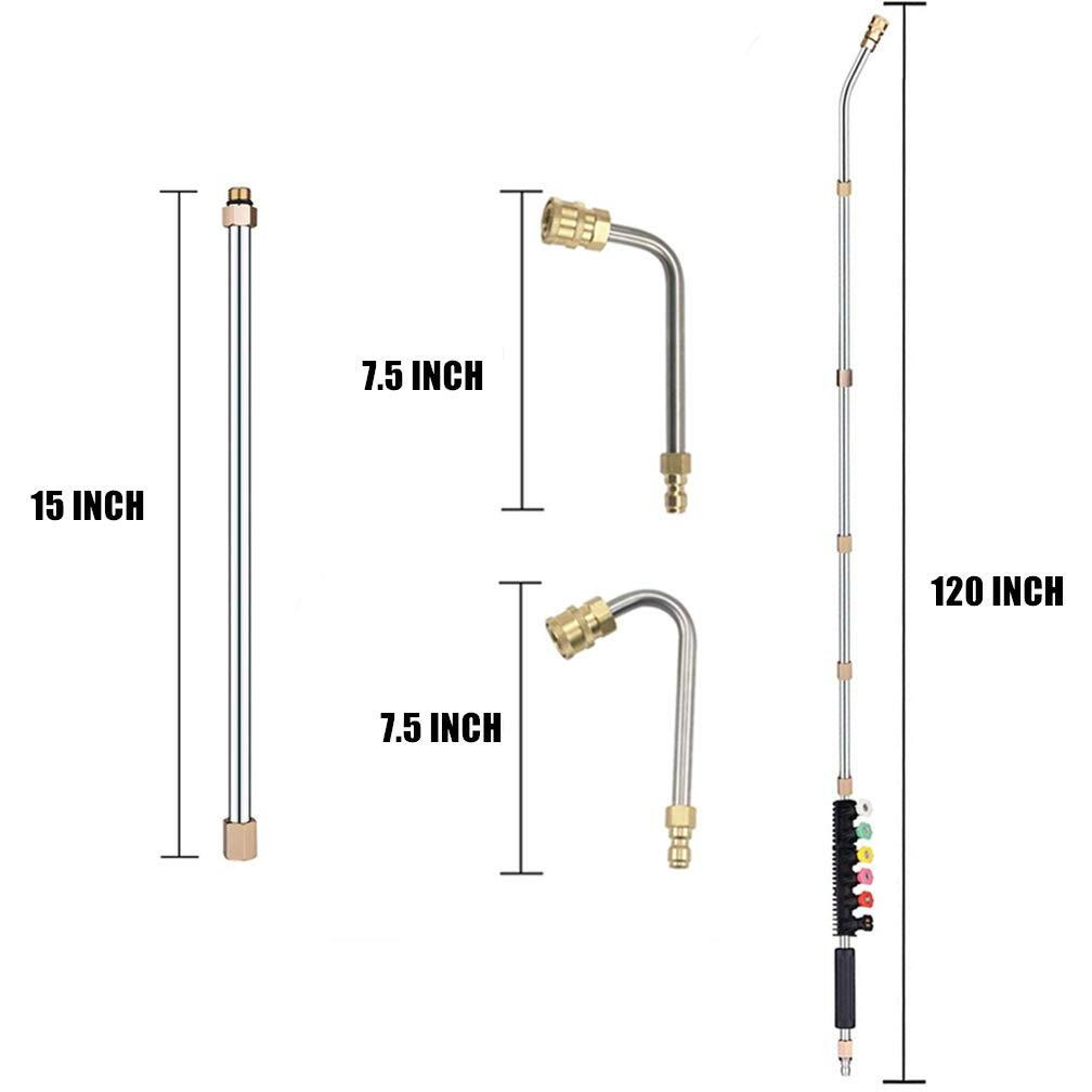 Selkie 120Inch Stainless Steel Pressure Washer Extension Wand Power Washer Lance With Spray Nozzle Tips,30,90Curved Rod, 1/4Quick Connect, Replacement For Anti-Leaked Ring 4000 Psi