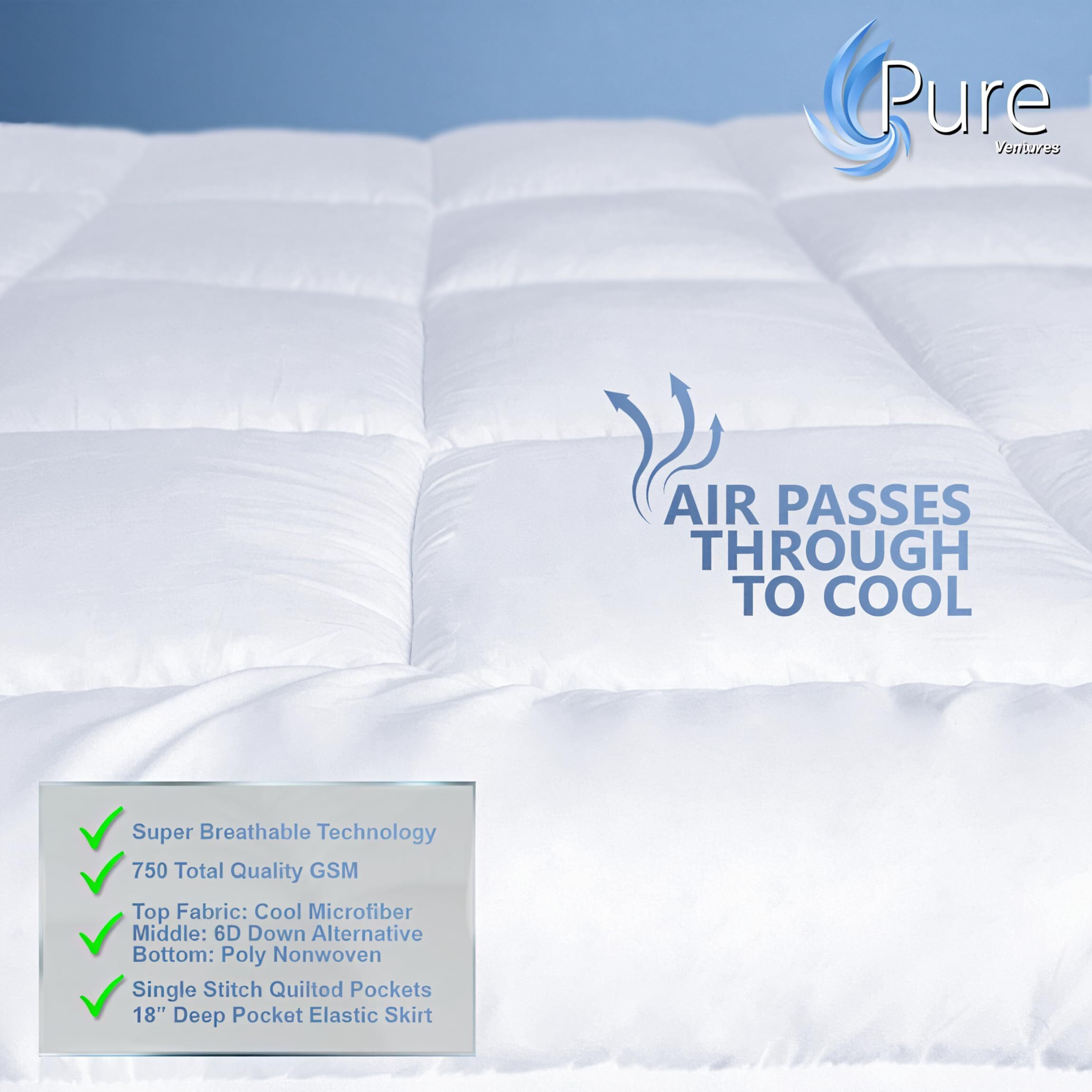 Pure Brands Full Mattress Topper & Mattress Pad Protector In One Quality Plush Luxury Down Alternative Pillow Top Make Your Bed Luxurious 18"" Deep Pockets White