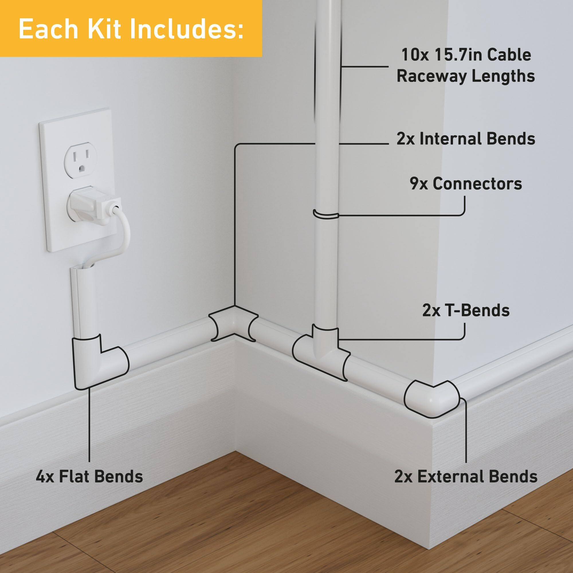 D-Line 157In Cord Cover Kit, Self-Adhesive Wire Hiders, Paintable Cable Raceway To Hide Wires On Wall, Electrical Cable Management - 10X 15.7 Lengths & 19 Accessories - 1.18"" (W) X 0.59"" (H) - White