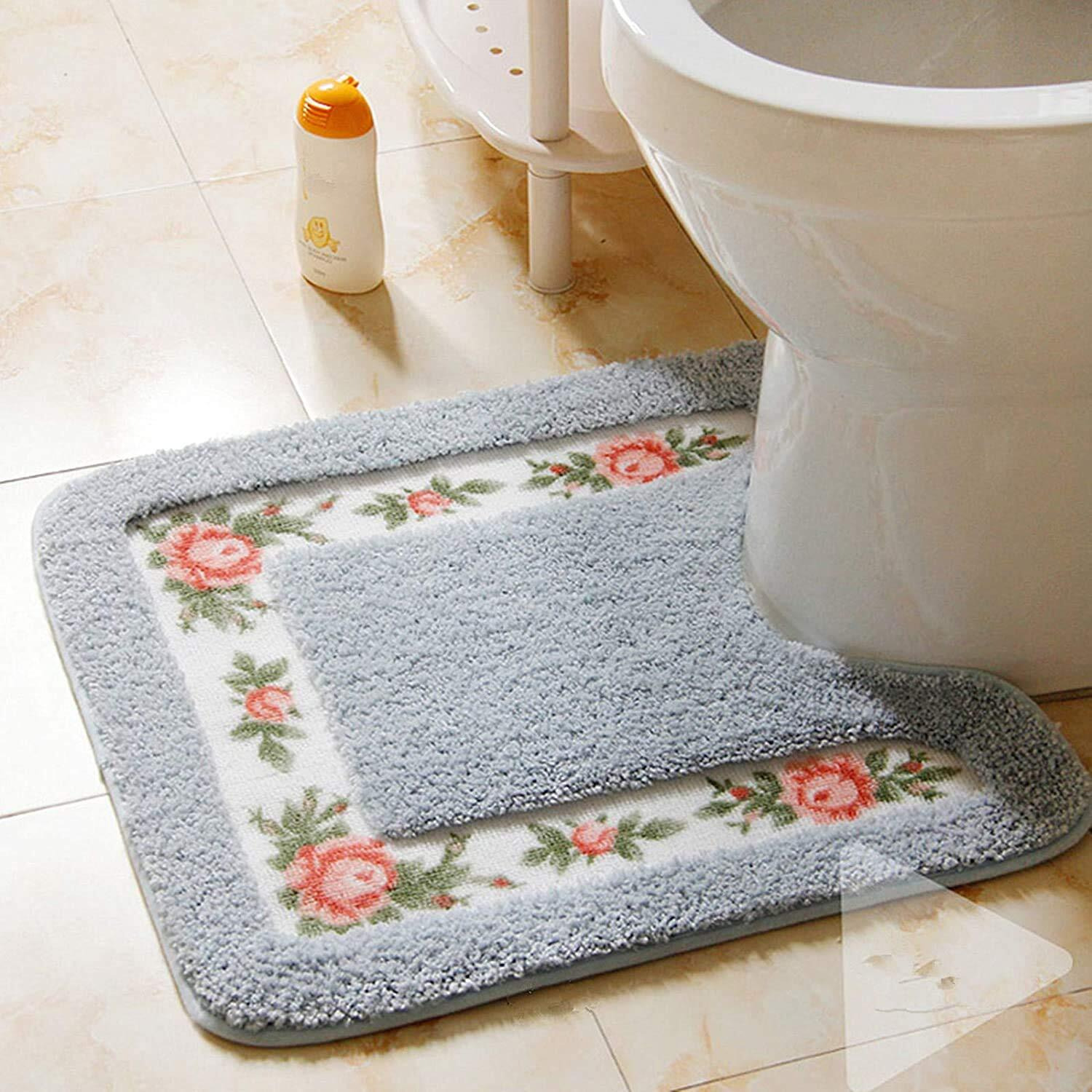 Ukeler Luxurious Soft Floral Non-Slip Toilet Contour Rug, Contour Bath Rug, Soft Shaggy U-Shaped Toilet Floor Mat For Bathroom 20-By-20 Inch, Blue