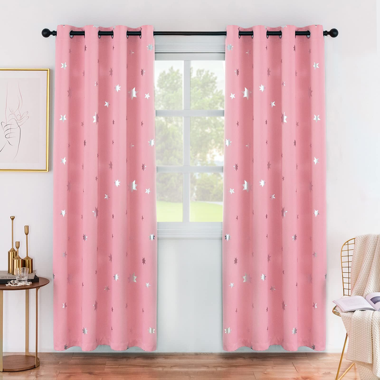 Anjee Blackout Curtains For Girls Bedroom 63 Inches Long Kids Star Foil Print Window Pink Curtains Thermal Insulated Room Darkening Drapes Nursery Decor 2 Panels, Baby Pink 52X63 Inches