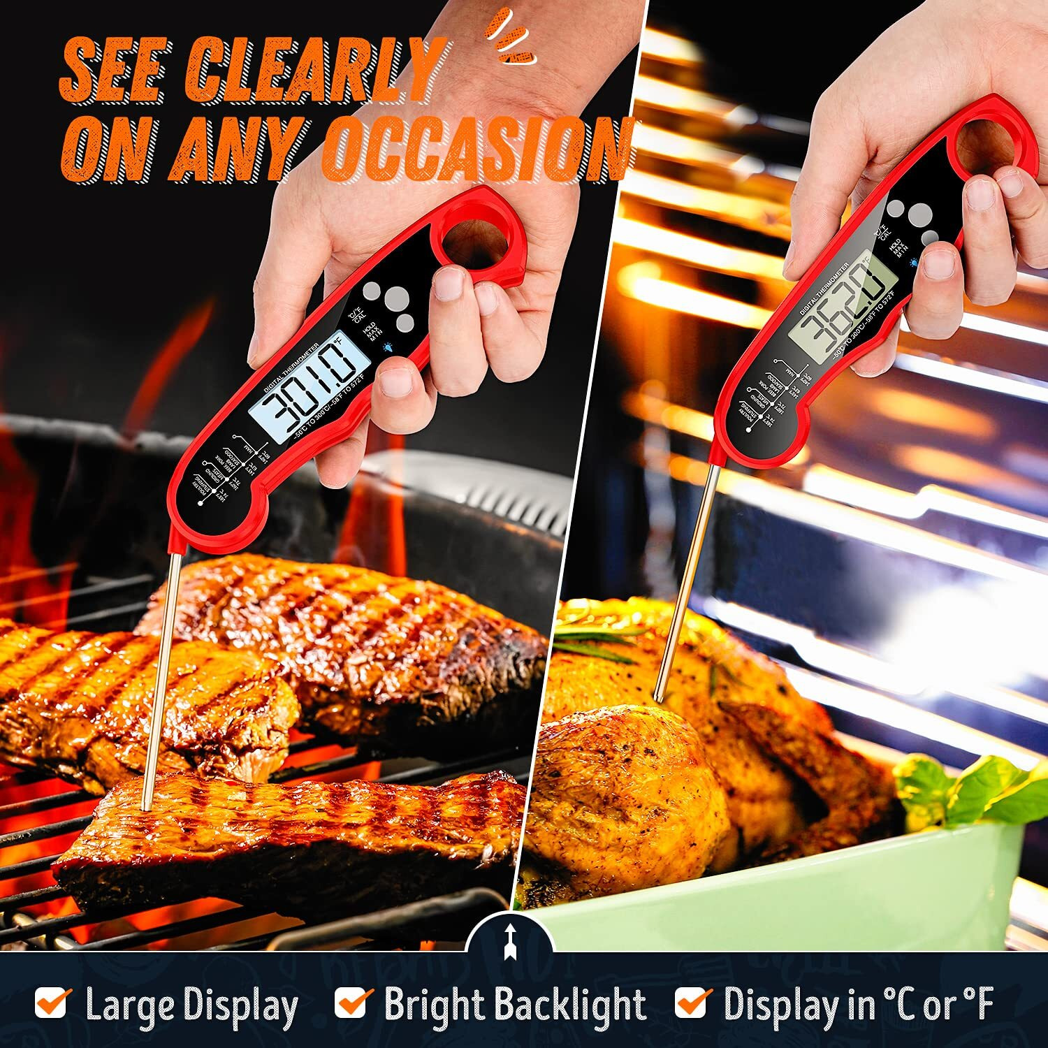 Digital Meat Thermometer, Waterproof Instant Read Food Thermometer For Cooking And Grilling, Kitchen Gadgets, Accessories With Backlight & Calibration For Candy, Bbq Grill, Liquids, Beef, Turkey
